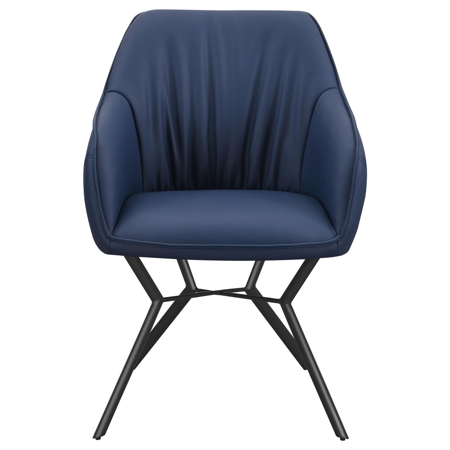 Navy blue upholstered accent chair with a modern metal base