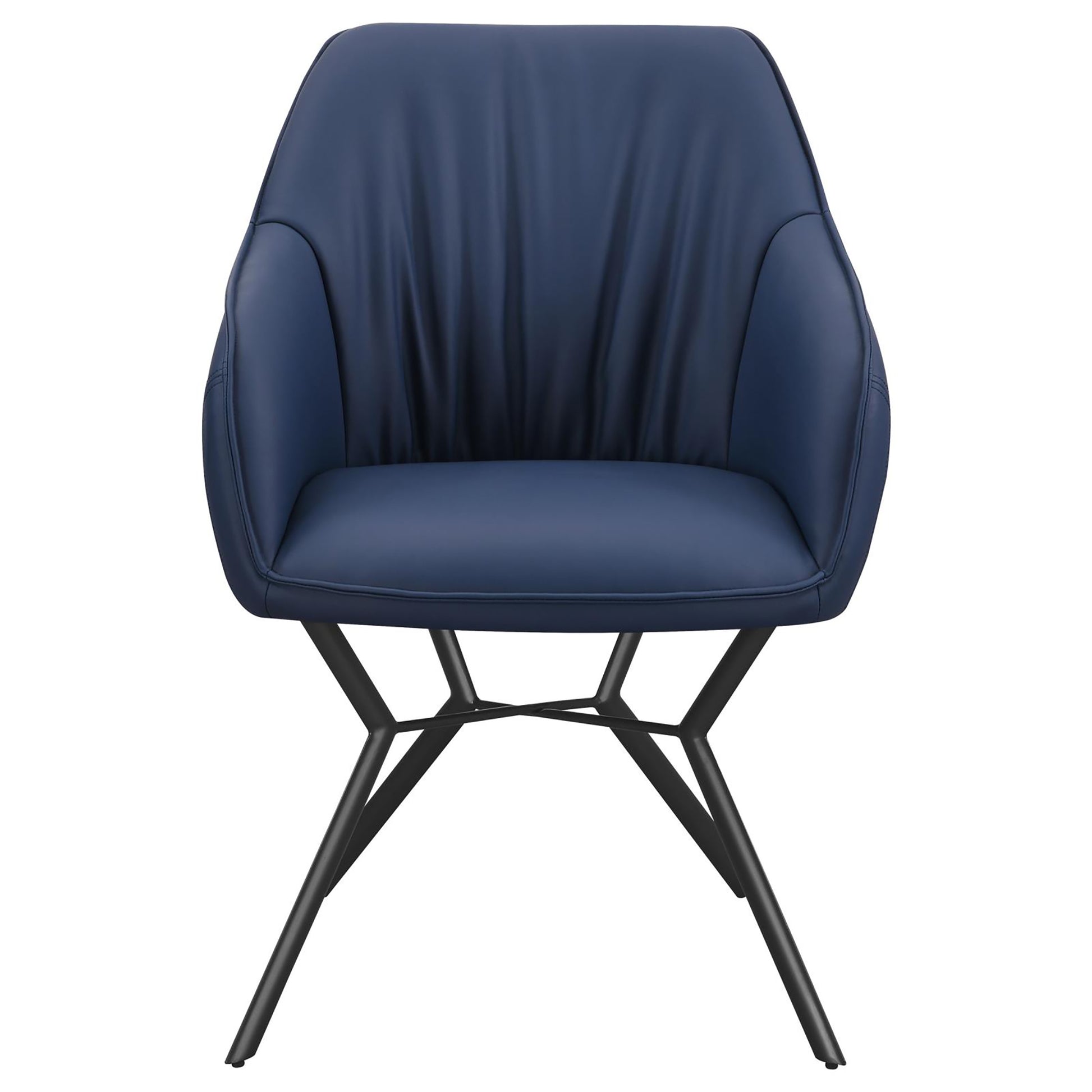 Navy blue upholstered accent chair with a modern metal base