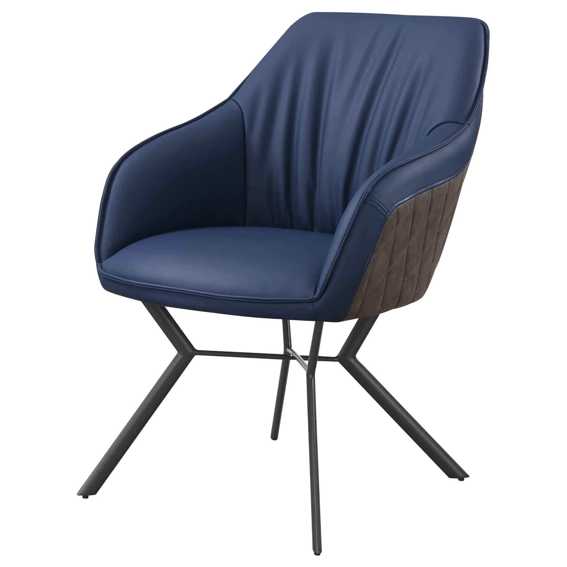 Navy blue leather accent chair with quilted side panels and black metal legs