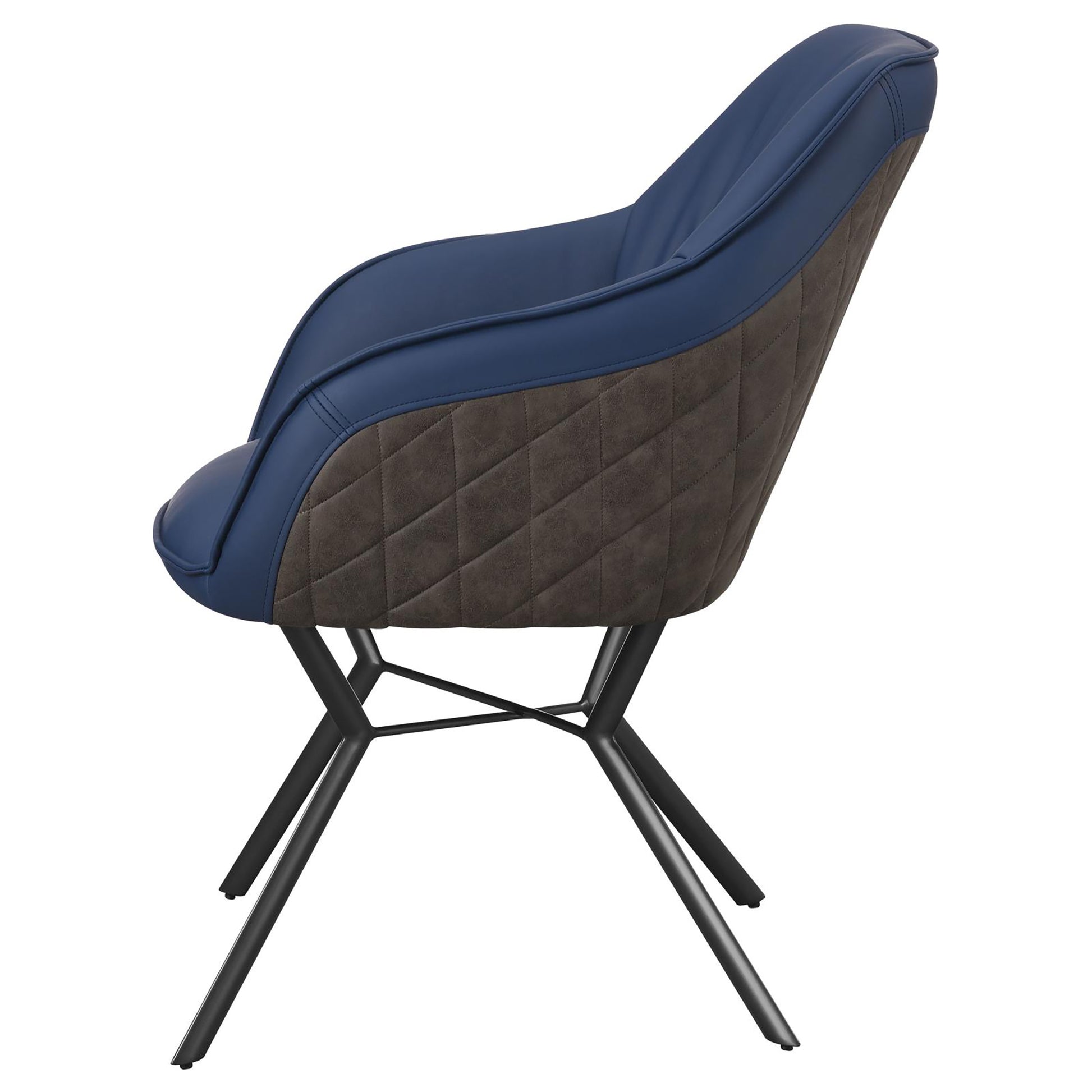Modern dining chair in navy blue faux leather with diamondstitched charcoal gray upholstery and black metal legs
