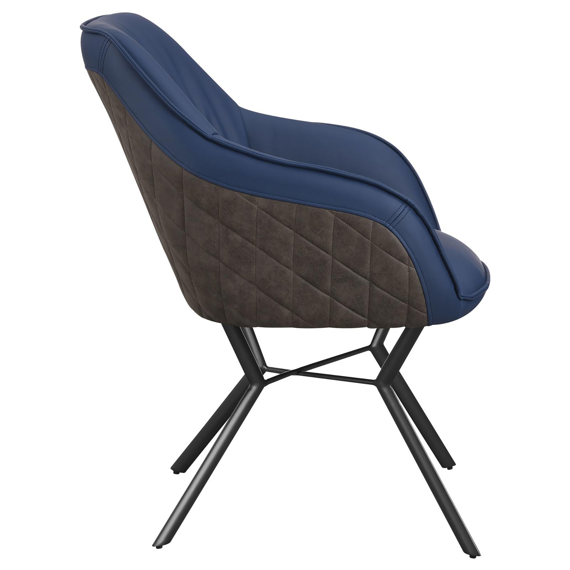 Modern accent chair with blue faux leather and quilted dark gray back black metal legs