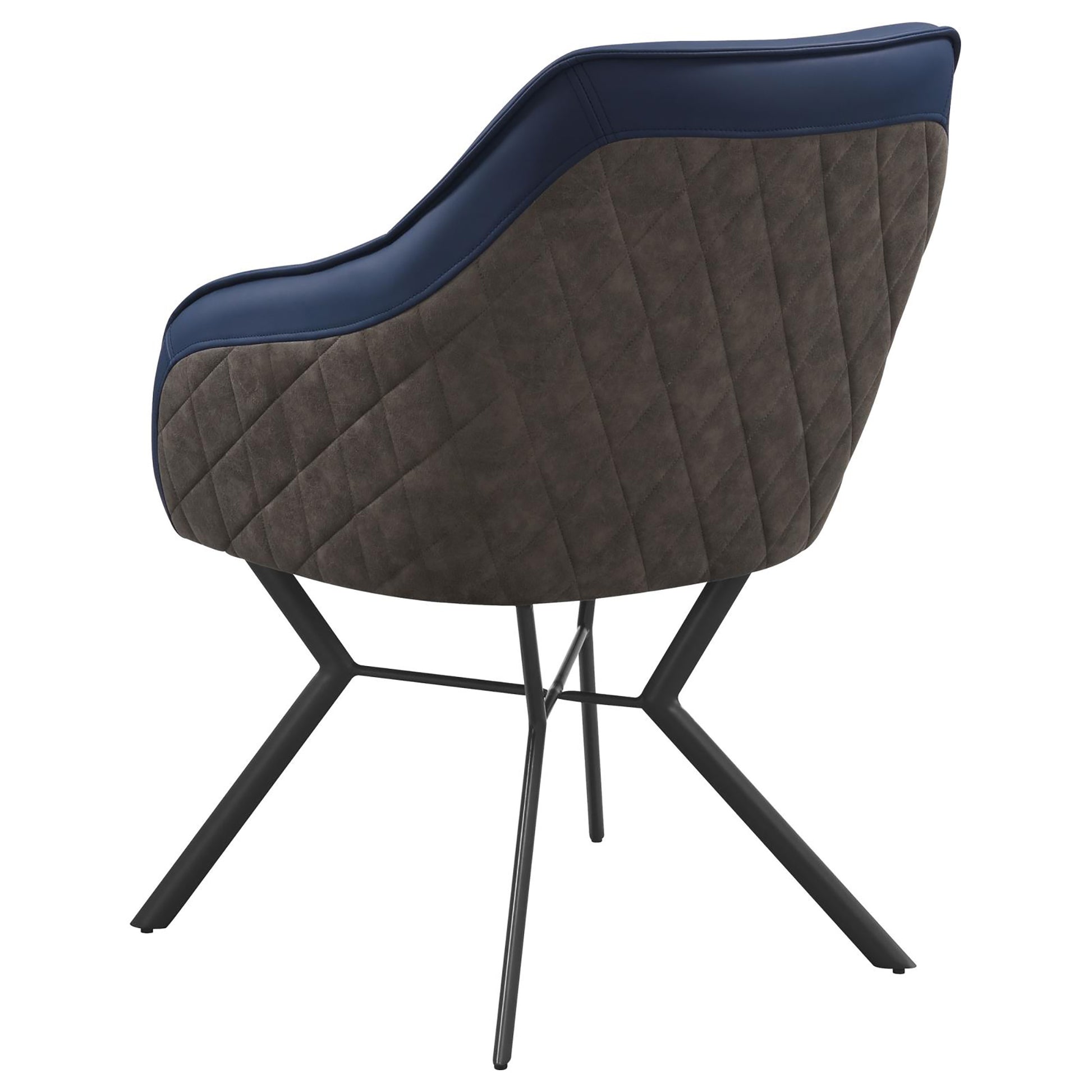 Brown quilted upholstered accent chair with dark blue leather accents and a black metal base