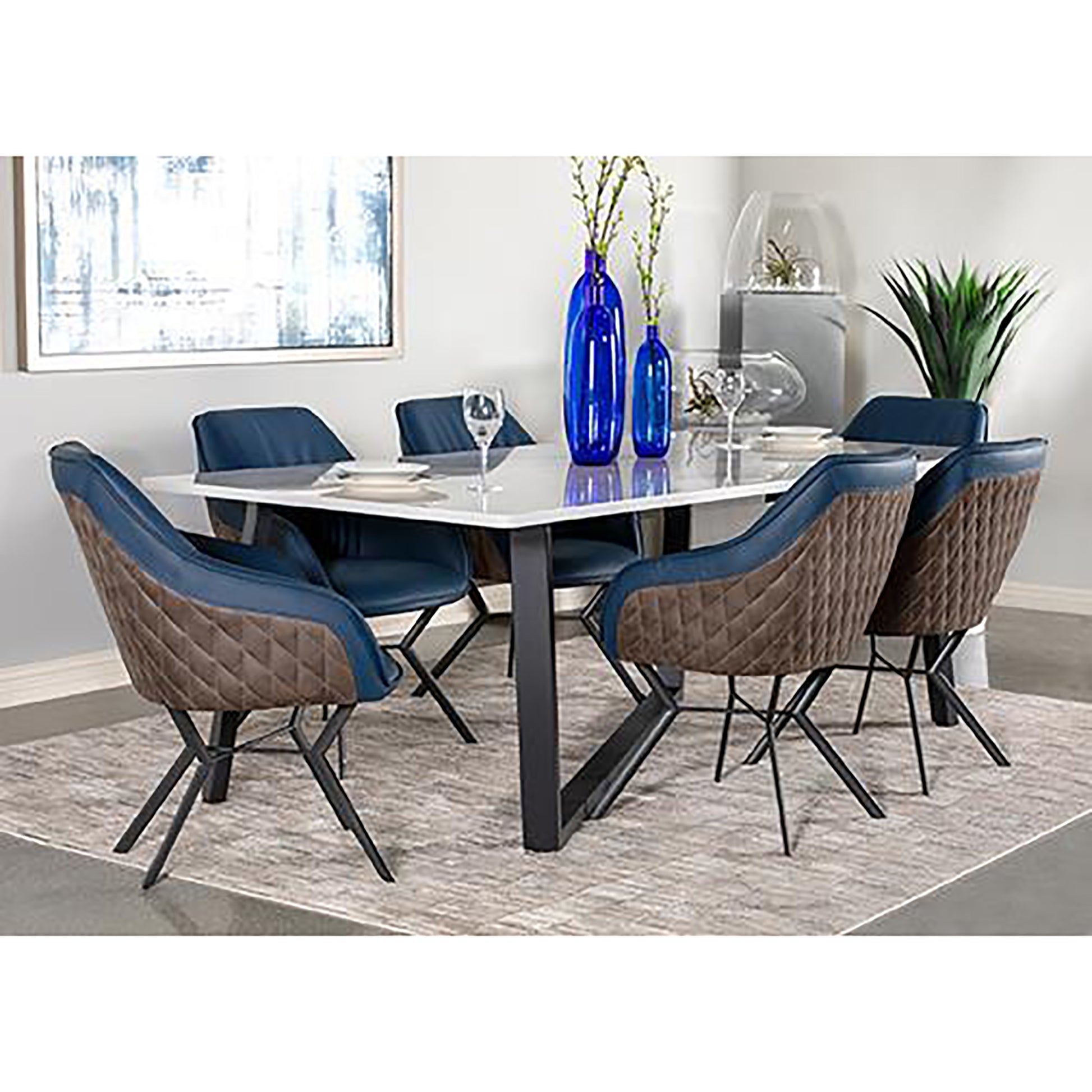 Modern dining chair with quilted brown and navy blue upholstery on a black metal base