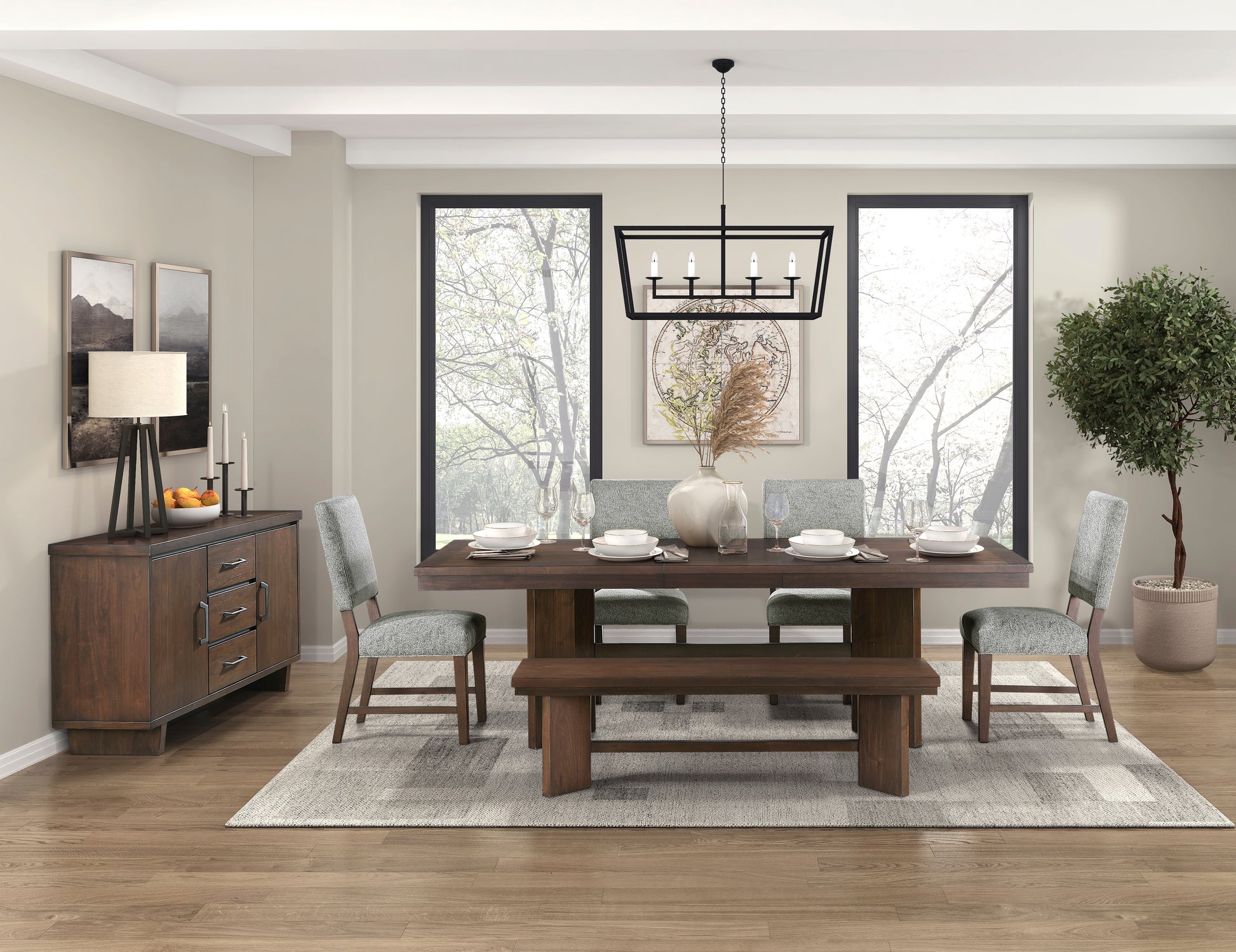 Dark wood dining table with bench and upholstered chairs in a bright dining room