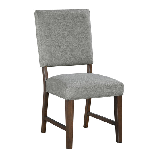 Upholstered grey dining chair with dark wood legs