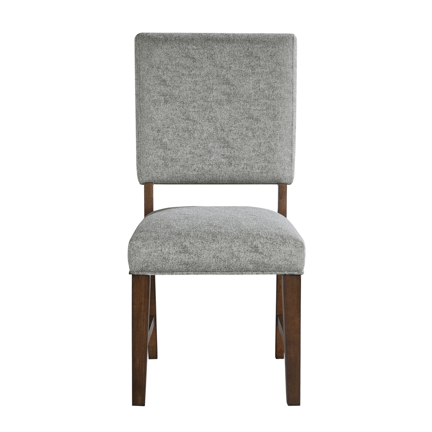 Upholstered dining chair with grey textured fabric seat and back dark wood legs