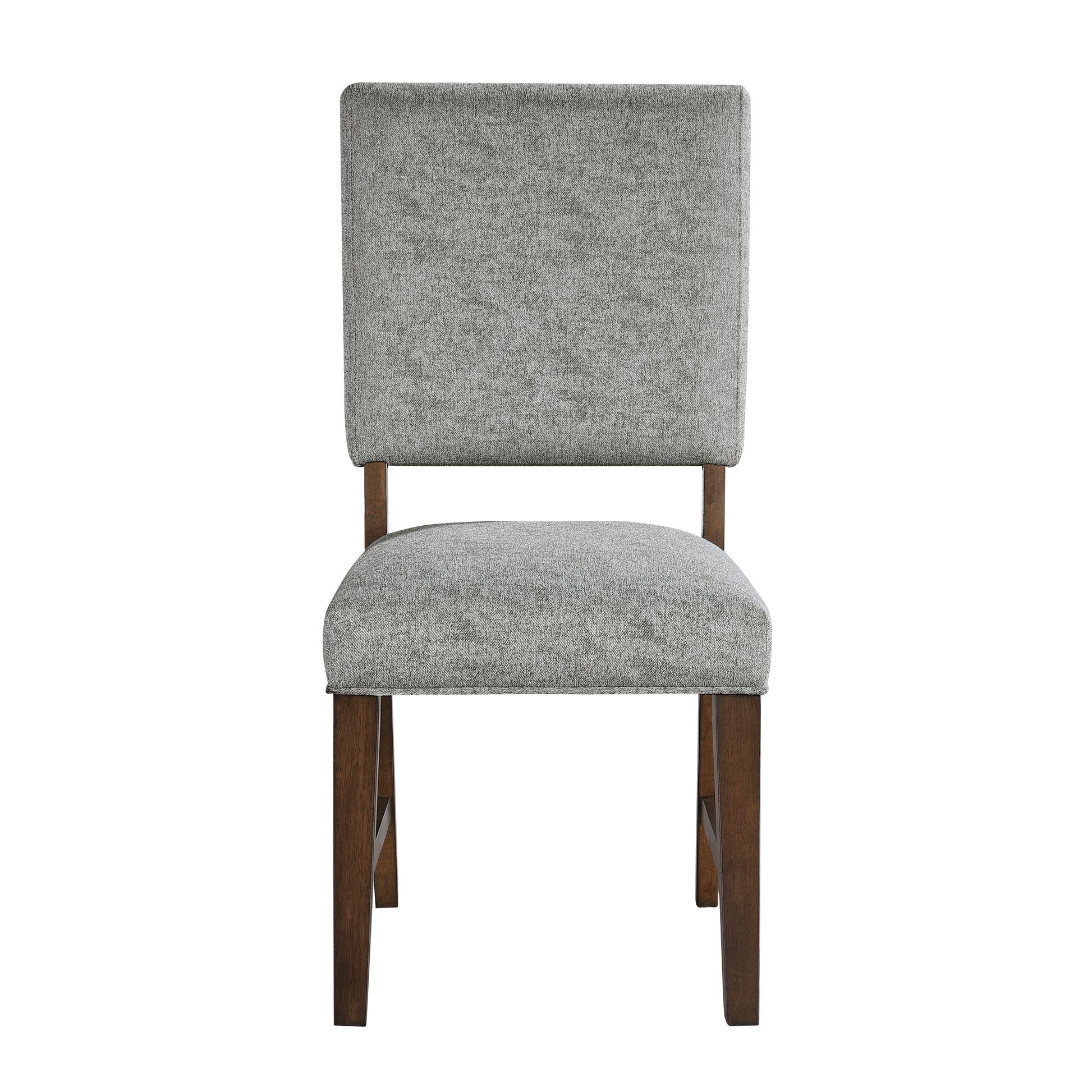 Upholstered dining chair with grey textured fabric seat and back dark wood legs