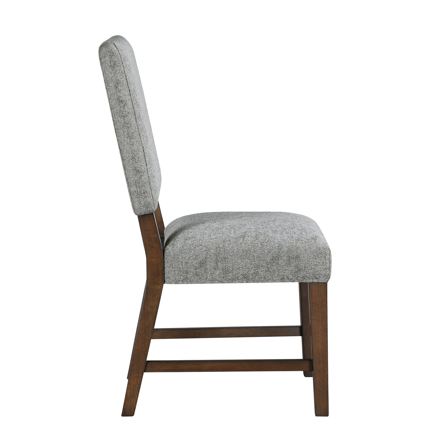 Gray upholstered dining chair with dark wood frame