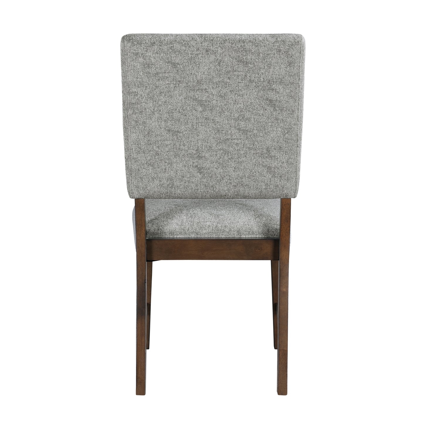 Back view of a gray upholstered dining chair with dark wood legs