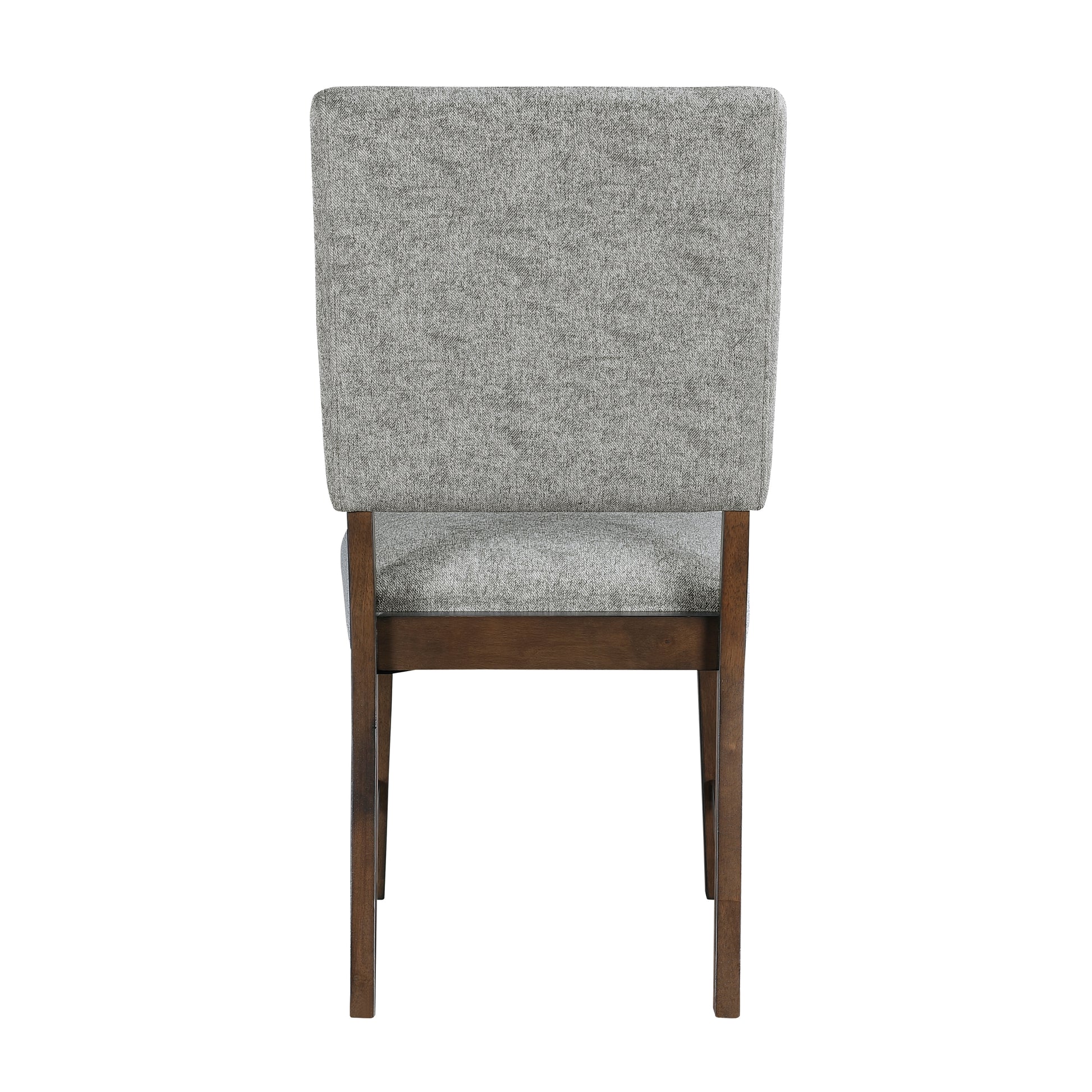 Back view of a gray upholstered dining chair with dark wood legs