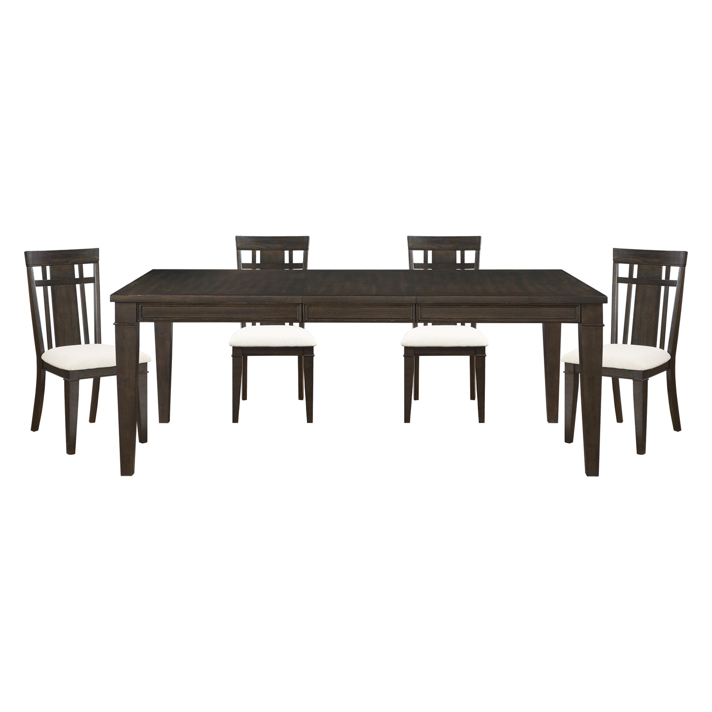 Dark brown rectangular dining table with six slatted back chairs and cream upholstered seats