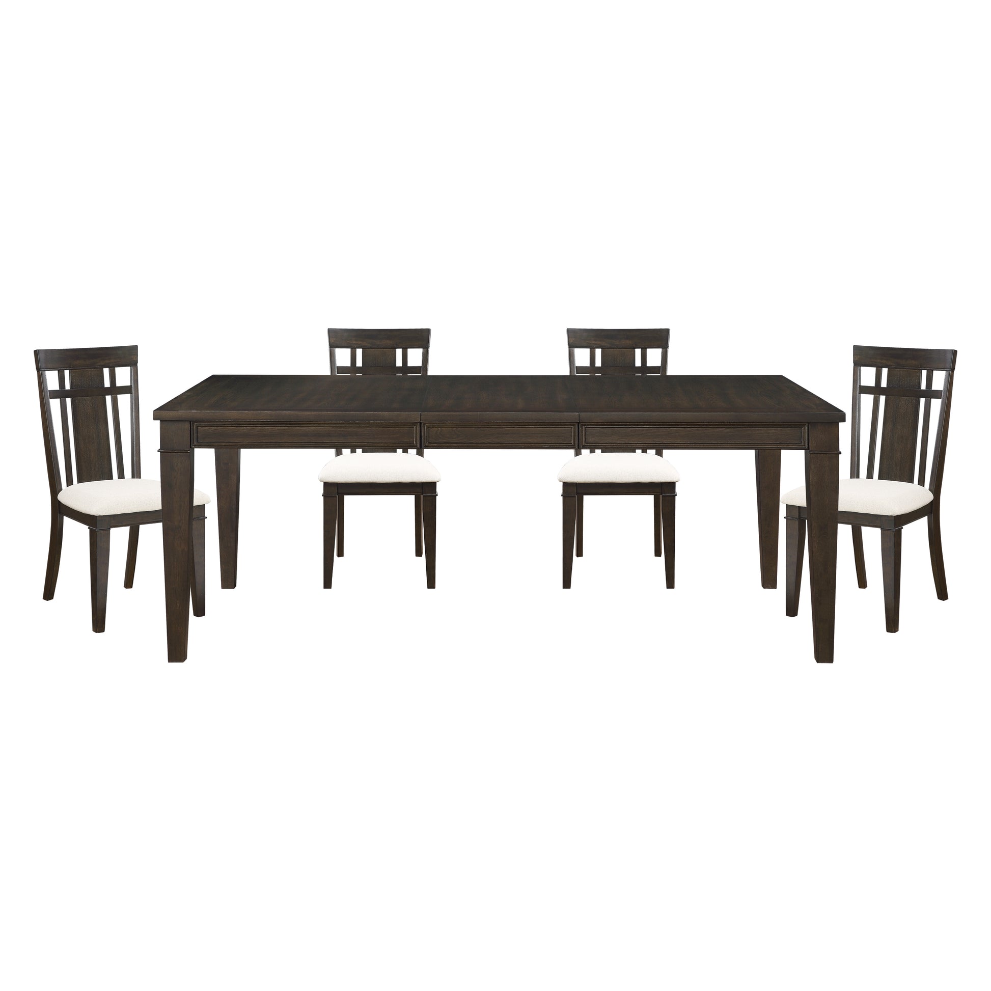 Dark brown rectangular dining table with six slatted back chairs and cream upholstered seats