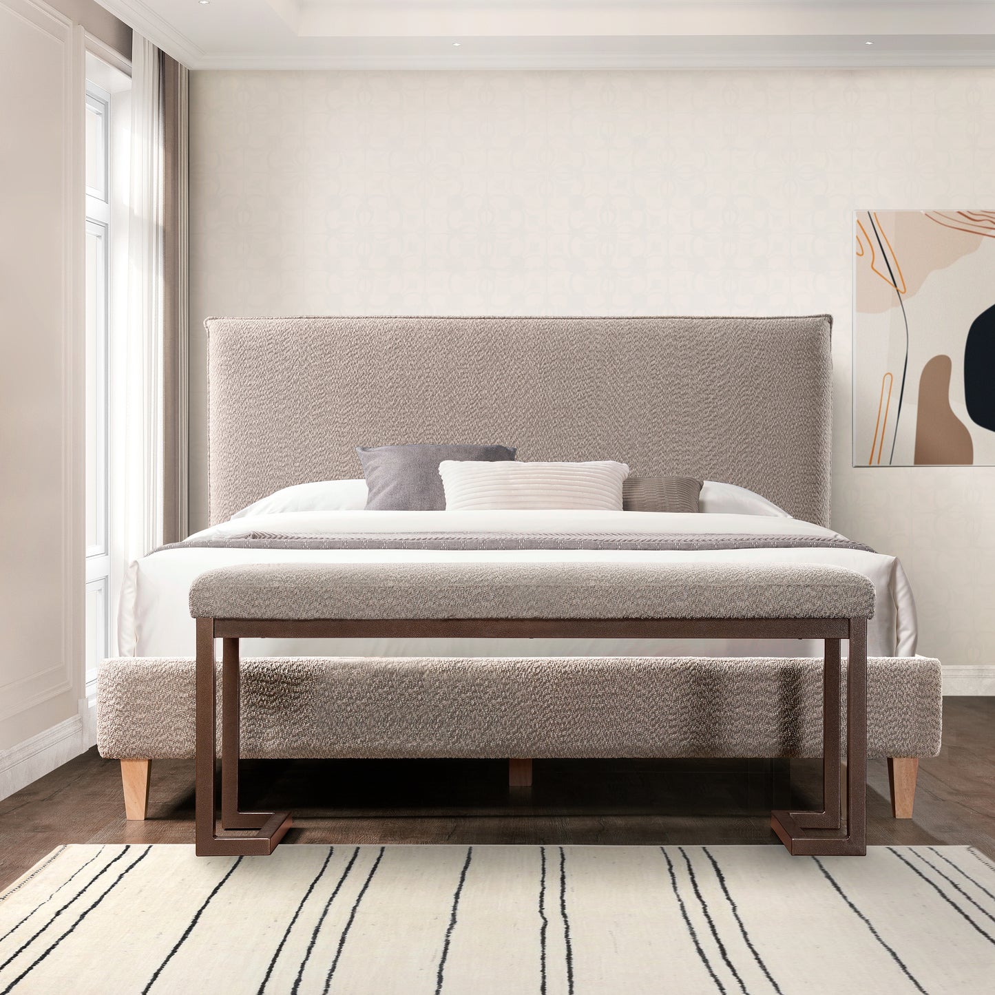 Textured taupe upholstered queen bed with stylish low profile