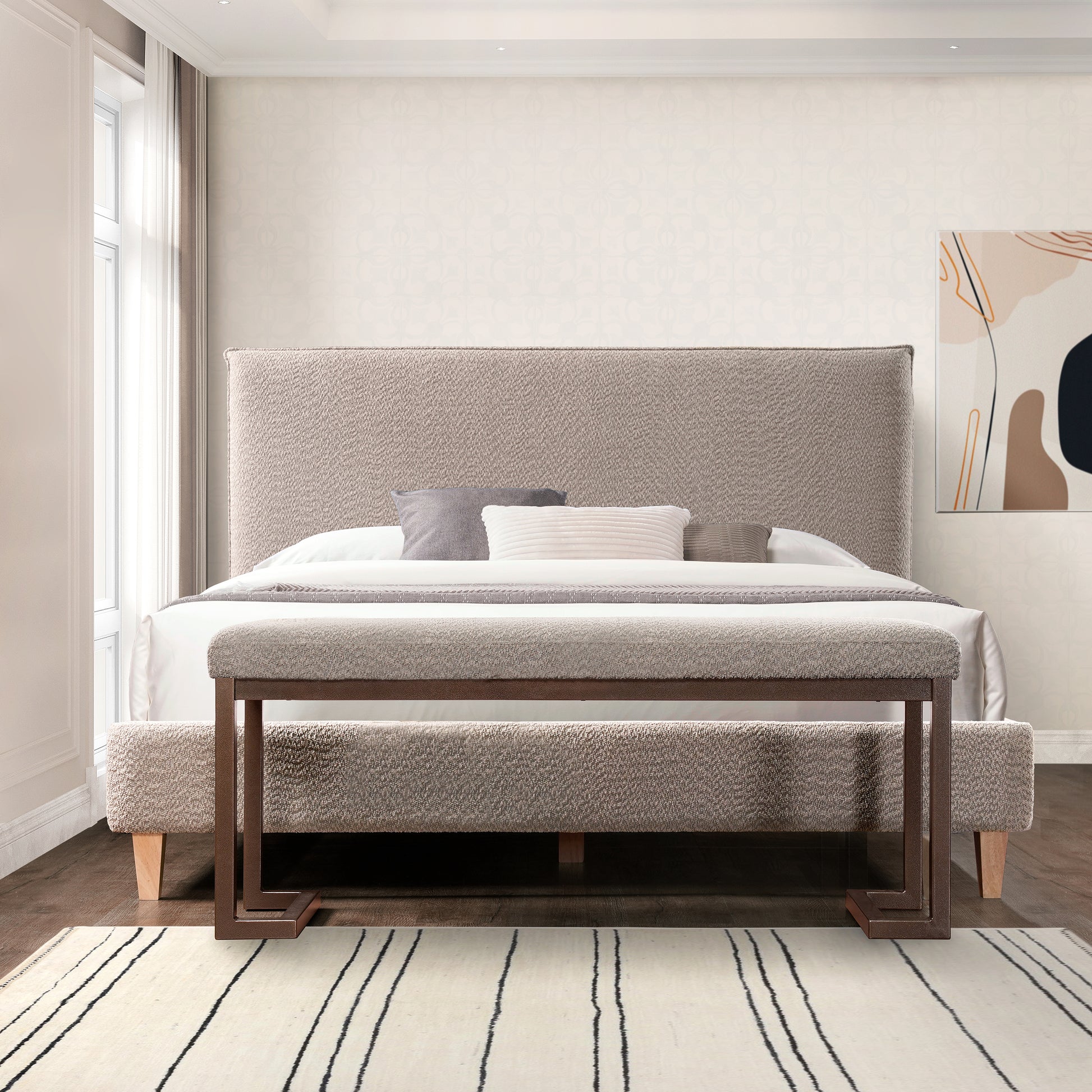 Textured taupe upholstered queen bed with stylish low profile