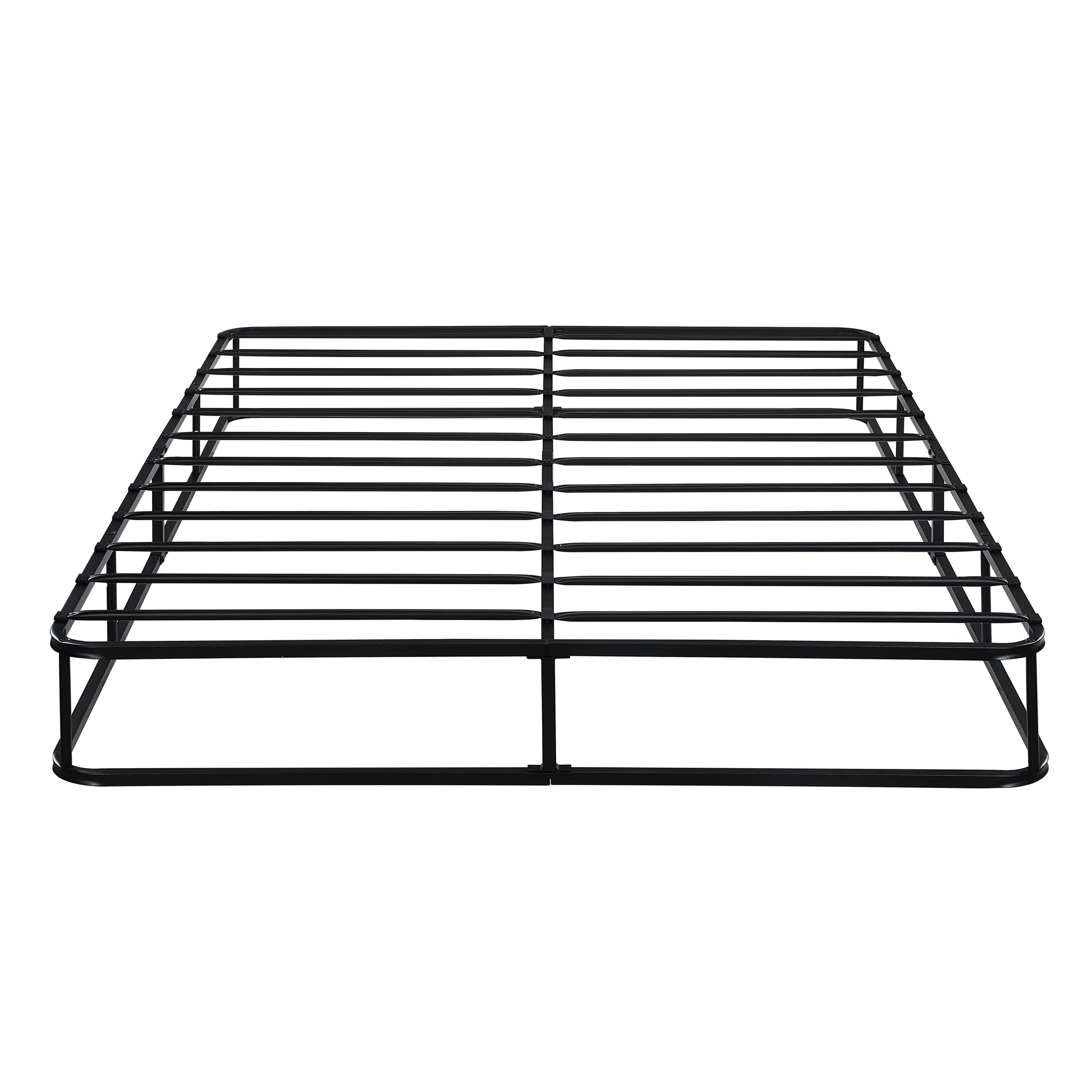 Black metal bed frame with even spacing for mattress support