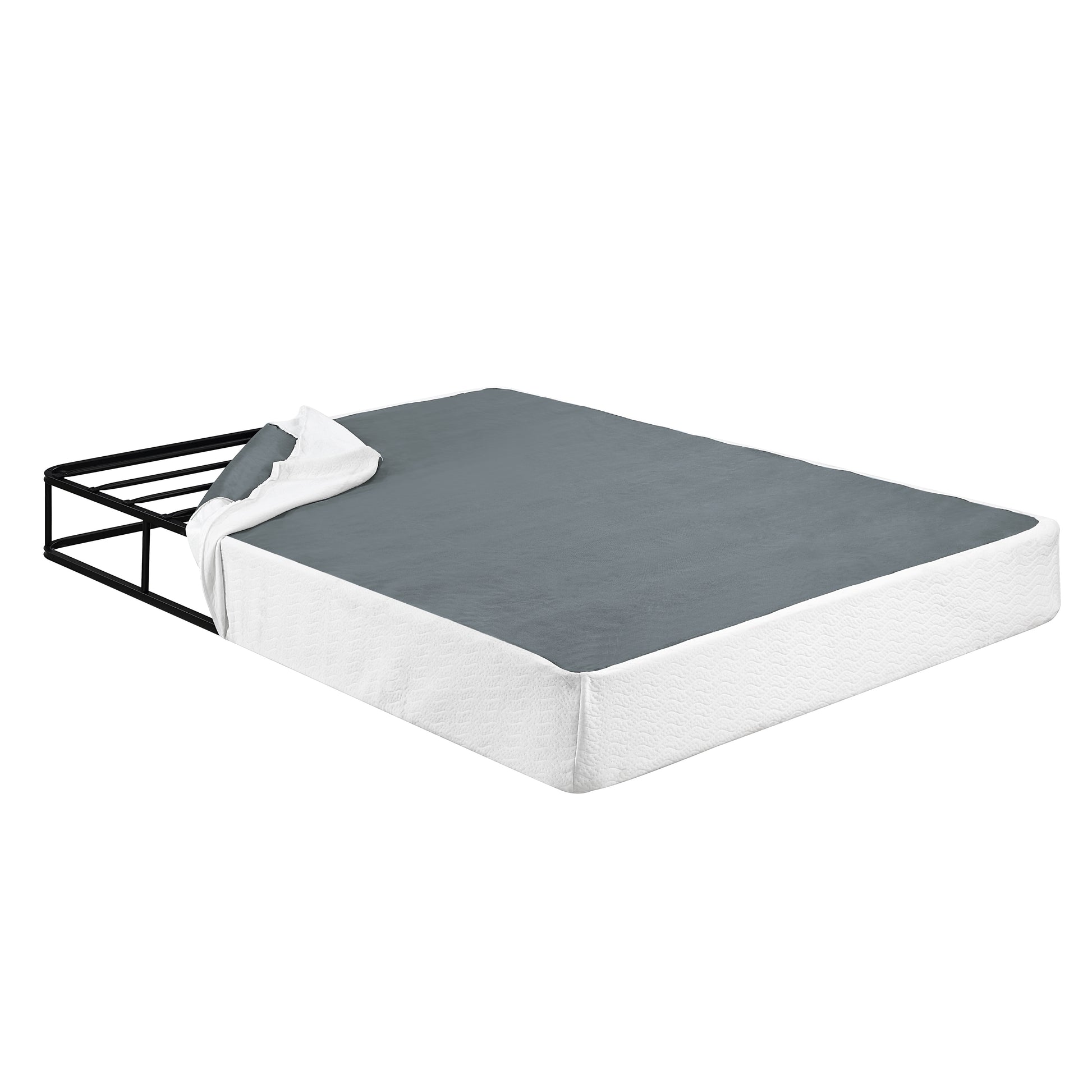 Gray upholstered metal bed frame queen size with white textured side skirt