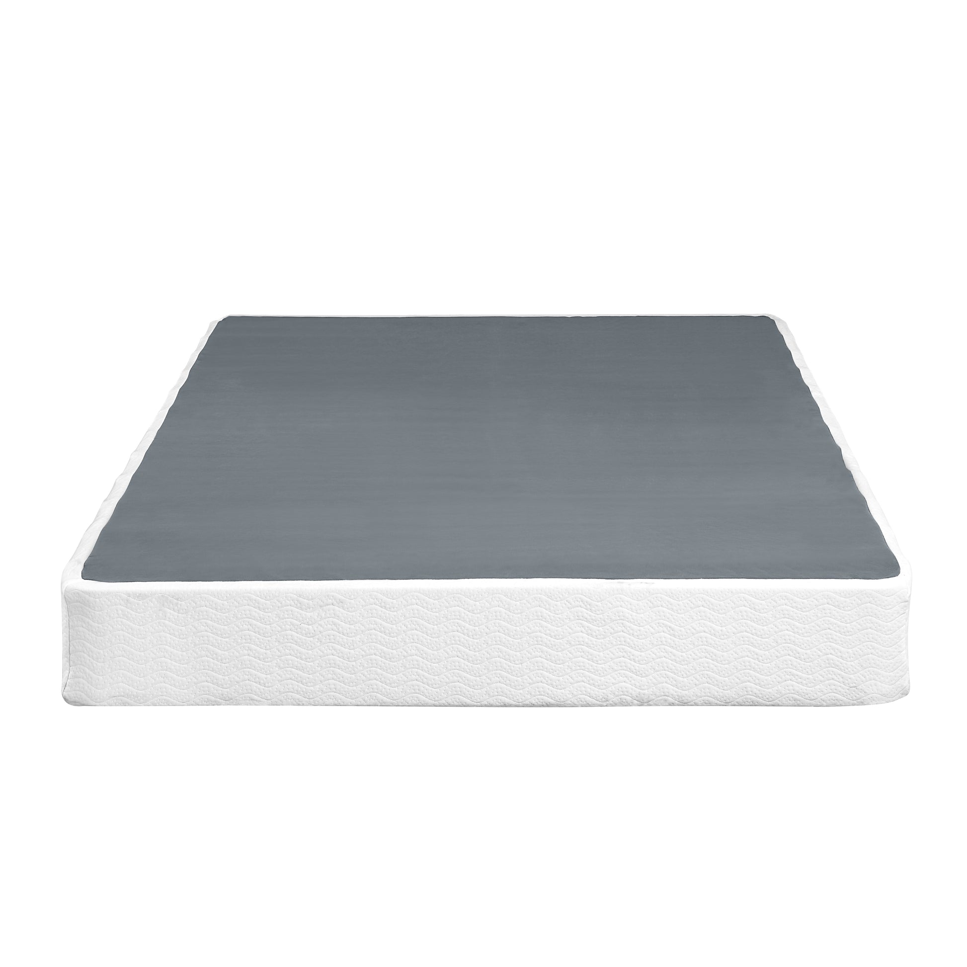 Gray upholstered metal split queen box spring providing firm mattress support
