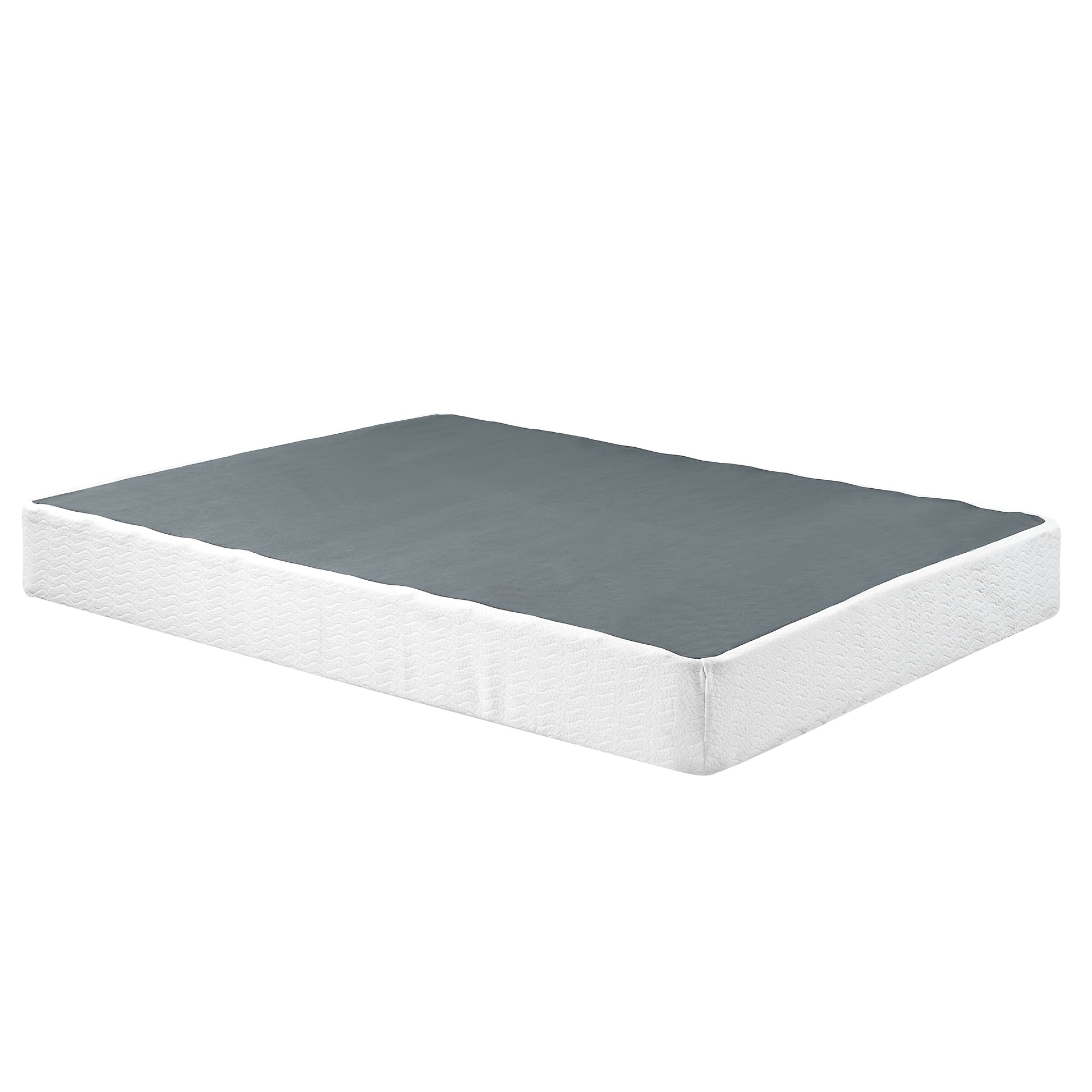 Gray upholstered split box spring foundation with white textured sides