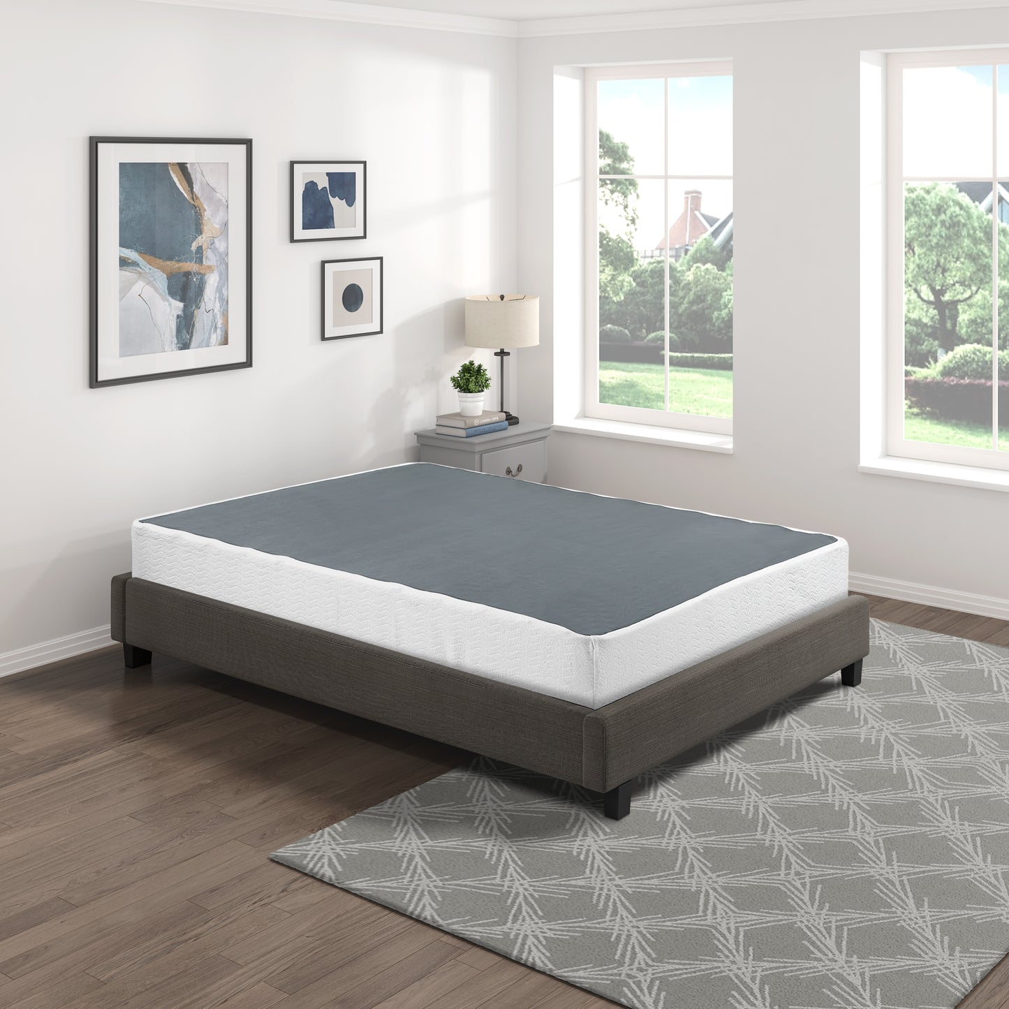 Dark gray upholstered twin bed frame with white mattress box spring Modern design for small bedrooms