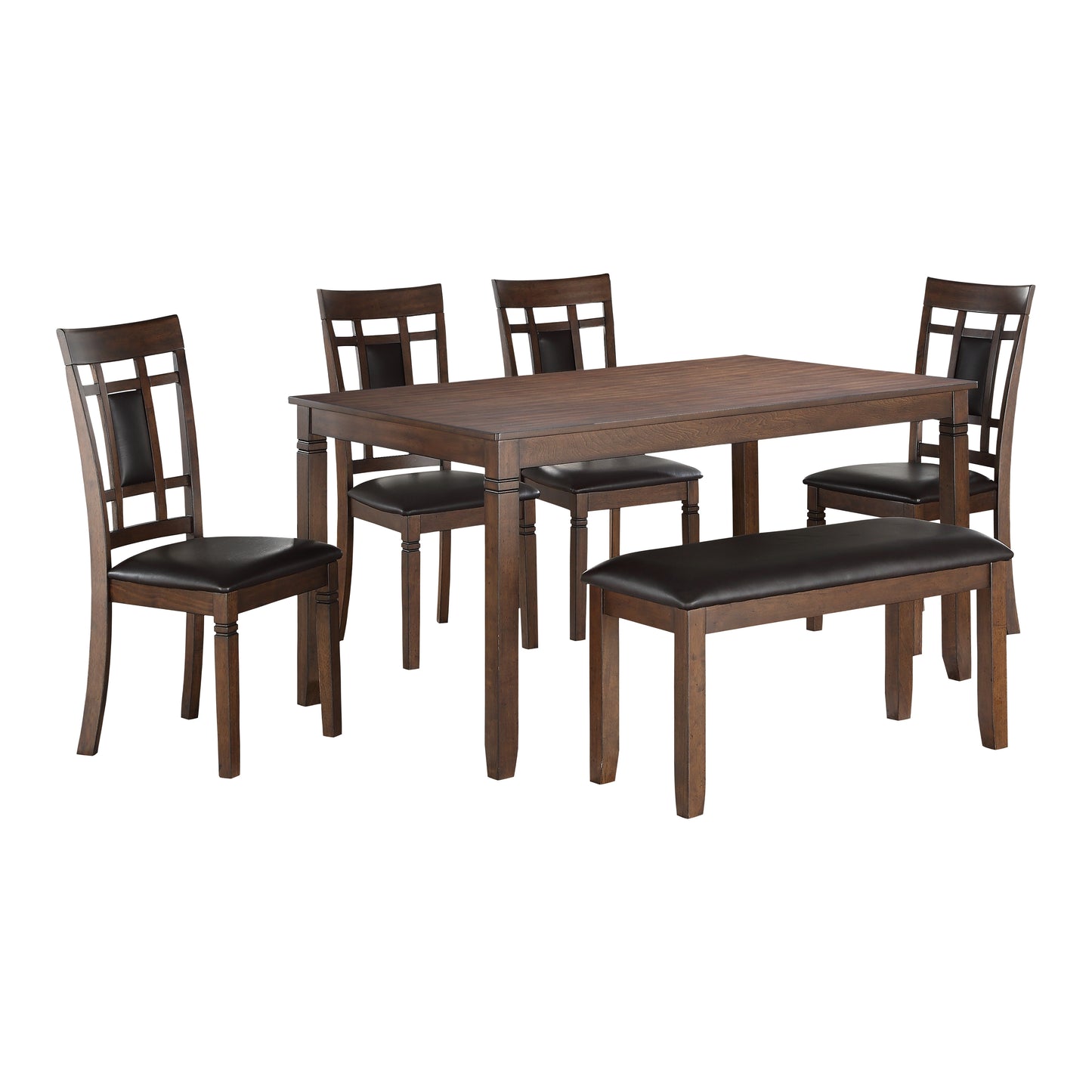 Dark wood dining table with four chairs and a bench featuring leather seats