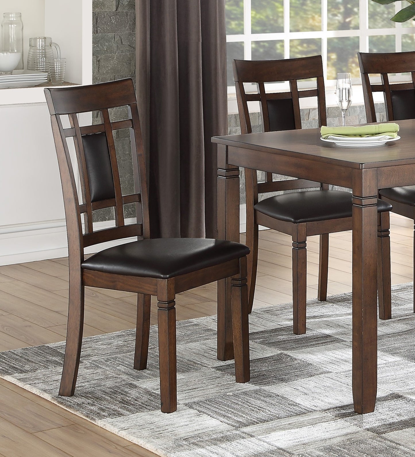 Dark brown wood dining chair with faux leather seat and geometric backrest