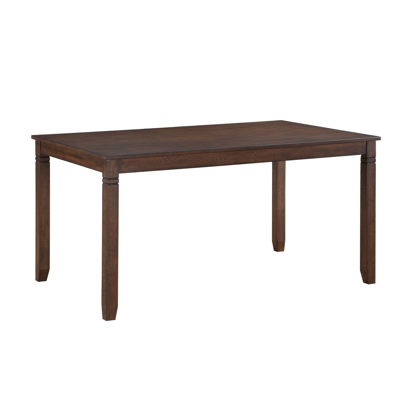 Dark brown rectangular wood dining table with turned legs