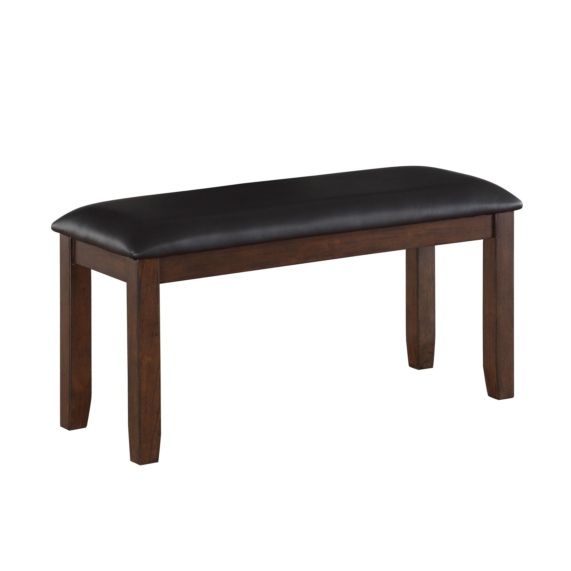 Dark brown wood dining bench with black upholstered seat seating up to  people
