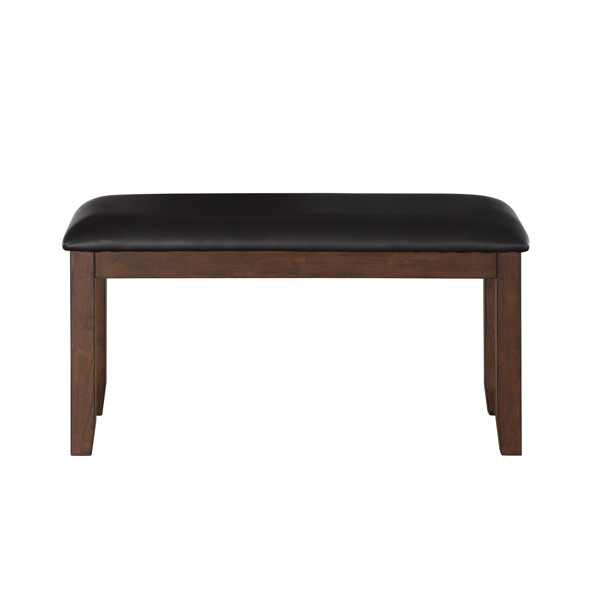Dark brown wood bench with padded black seat