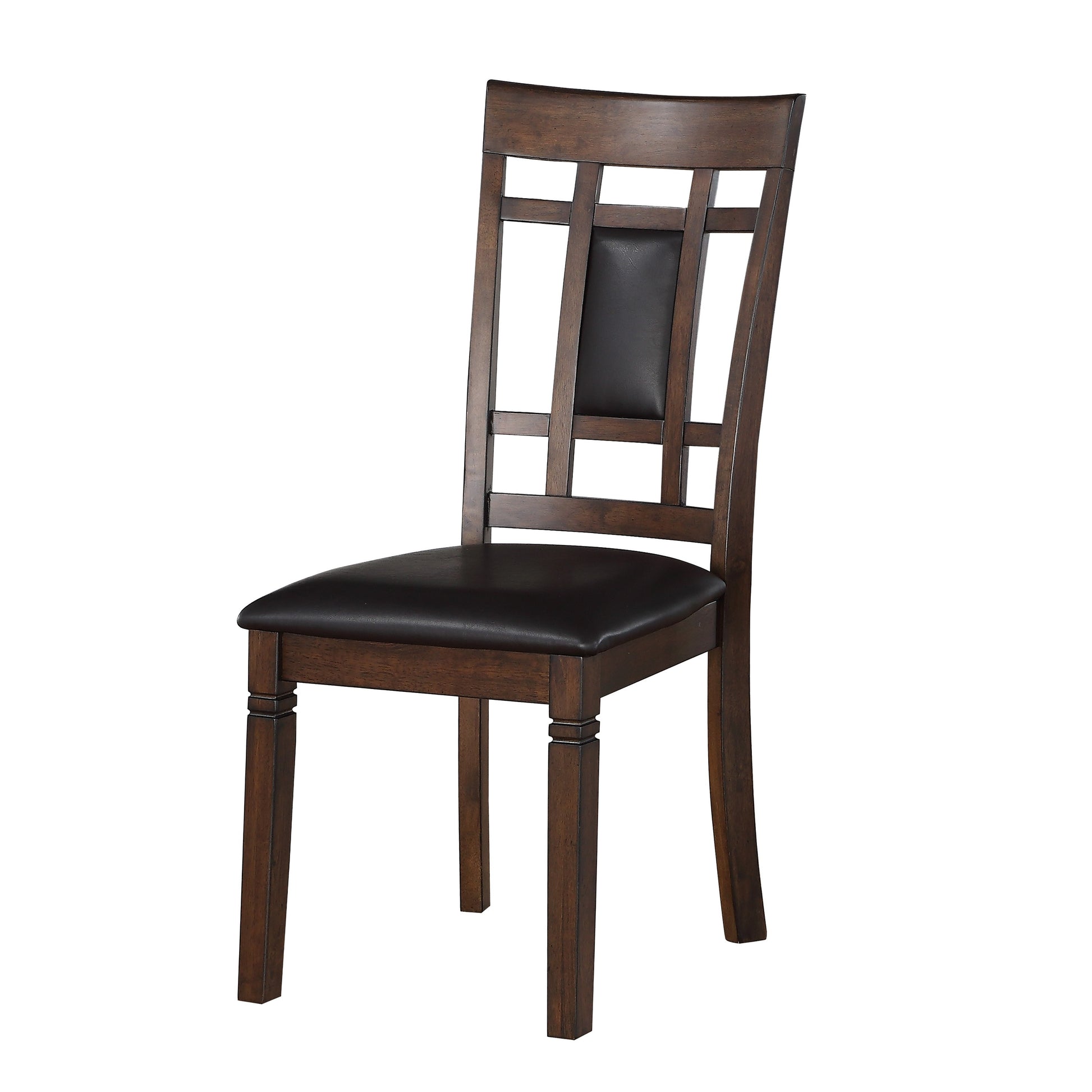 Dark wood dining chair with a padded black leather seat and geometric backrest design