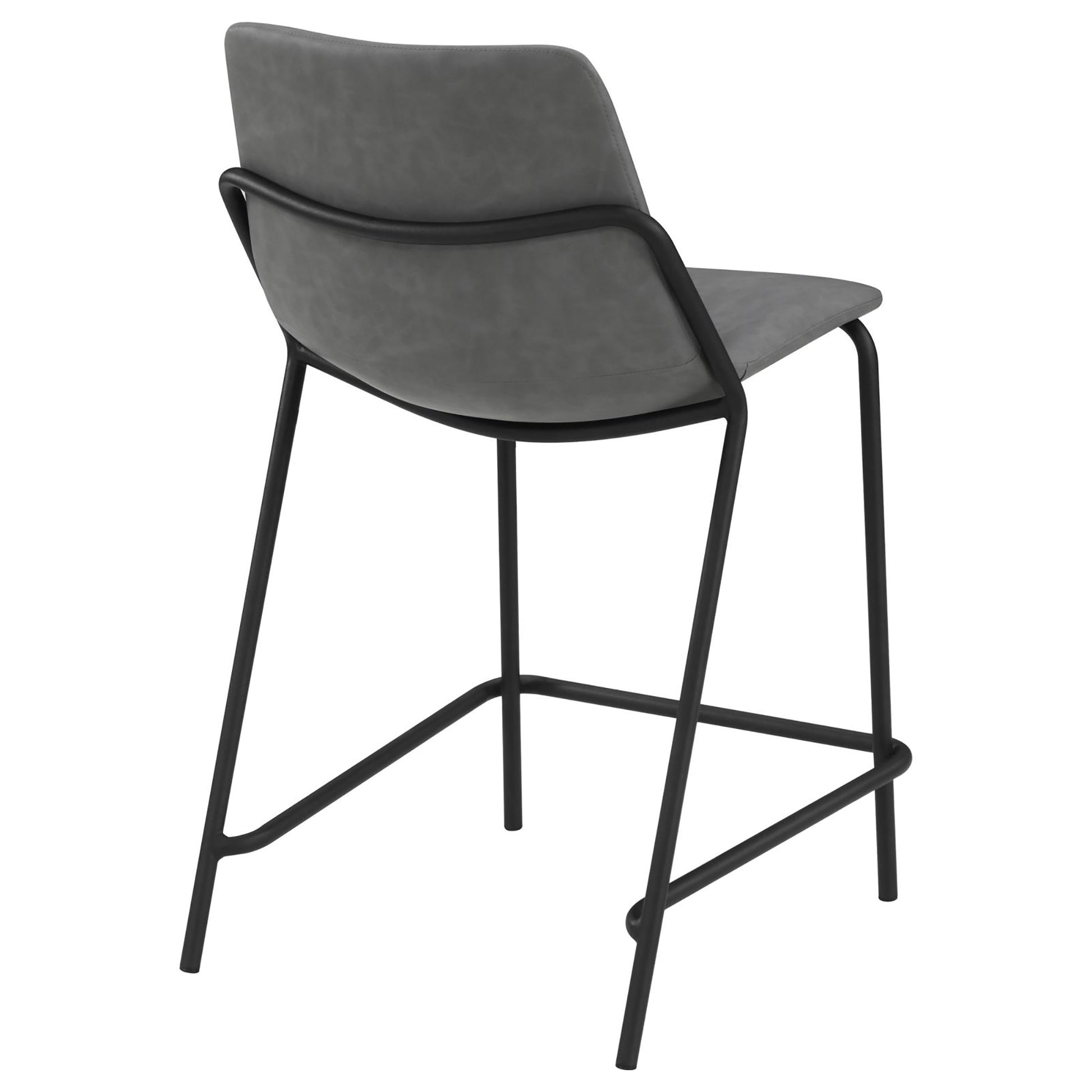 Gray faux leather counter stool with black metal frame and curved backrest