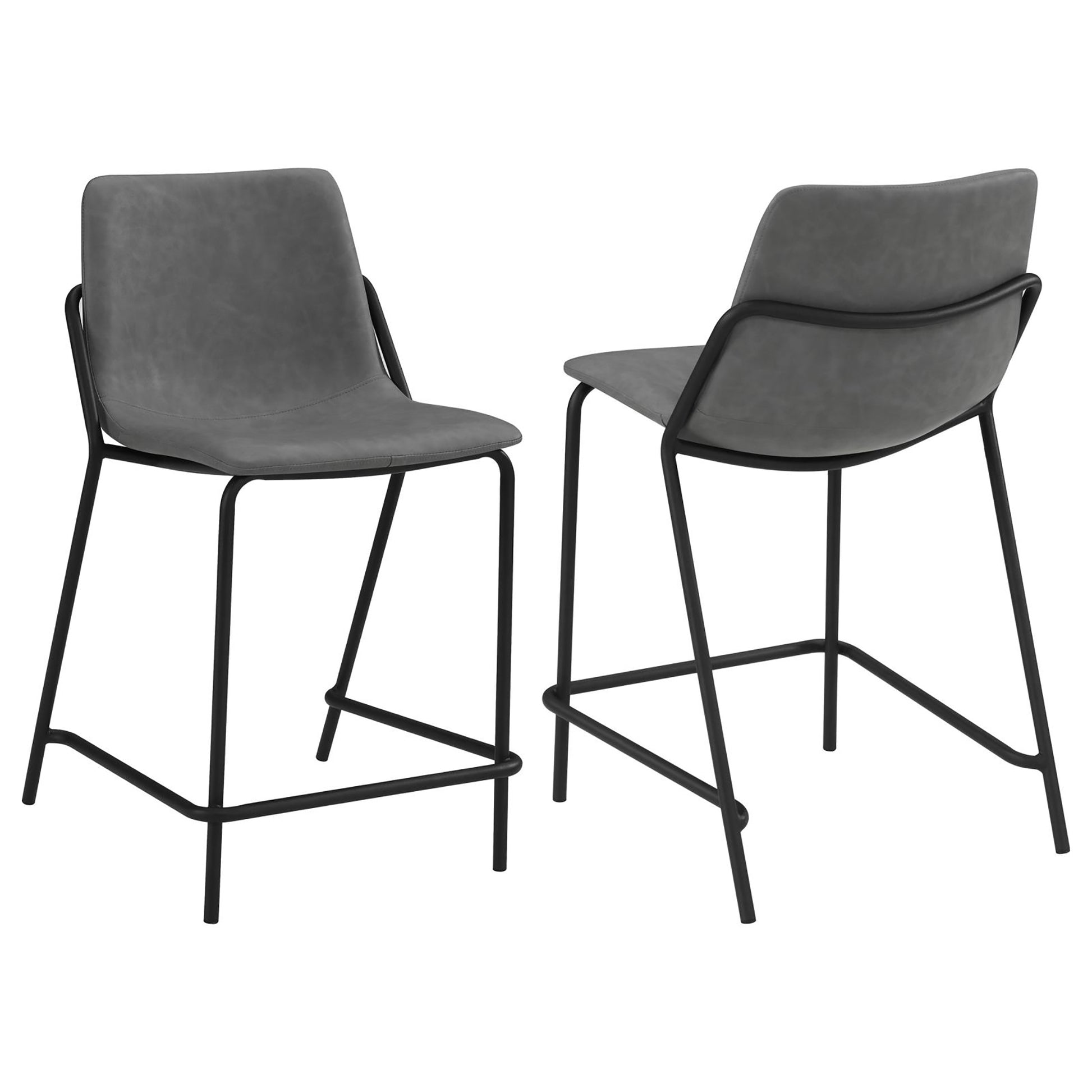 Two grey faux leather counter stools with black metal frames perfect for a modern kitchen island
