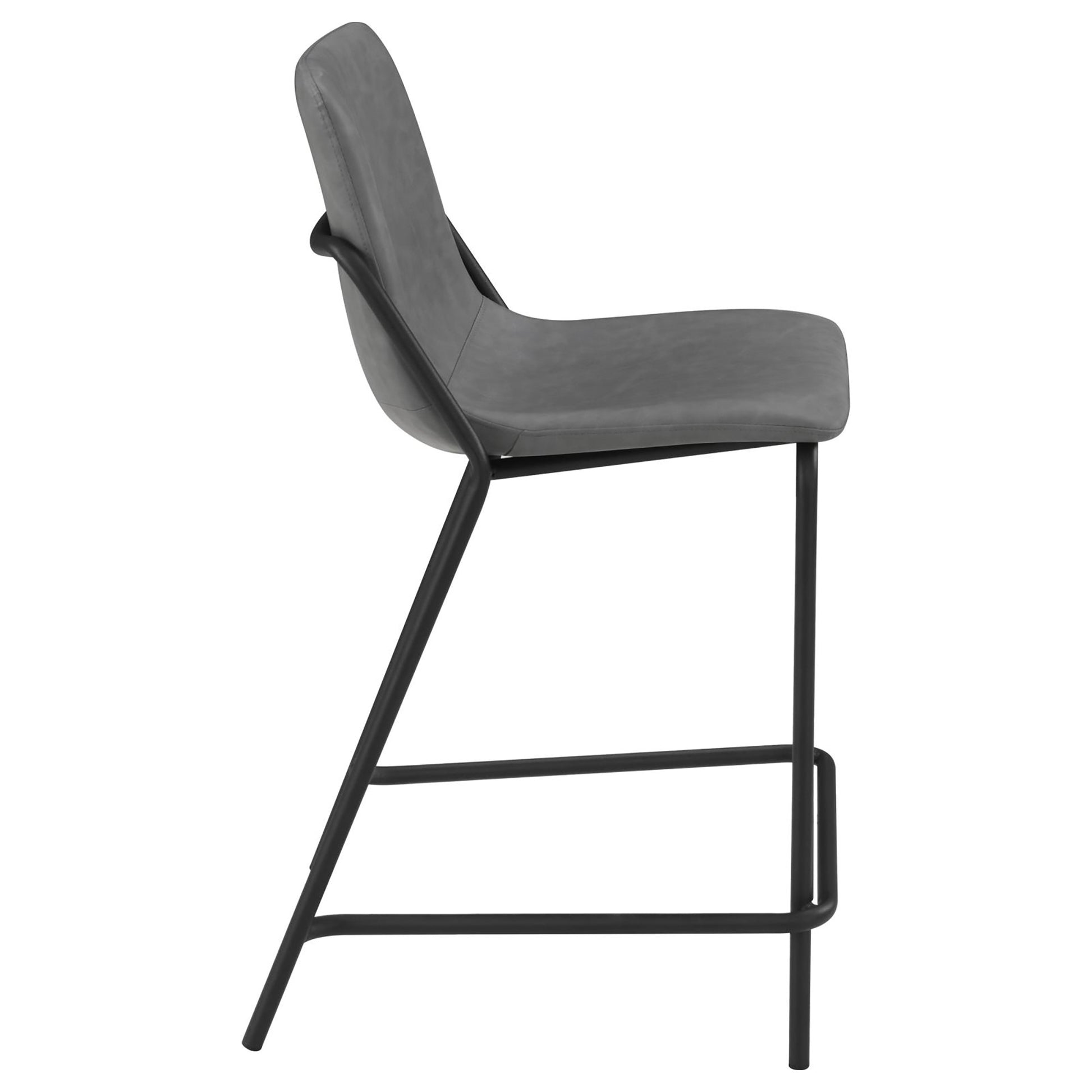 Grey faux leather bar stool with black metal frame side view