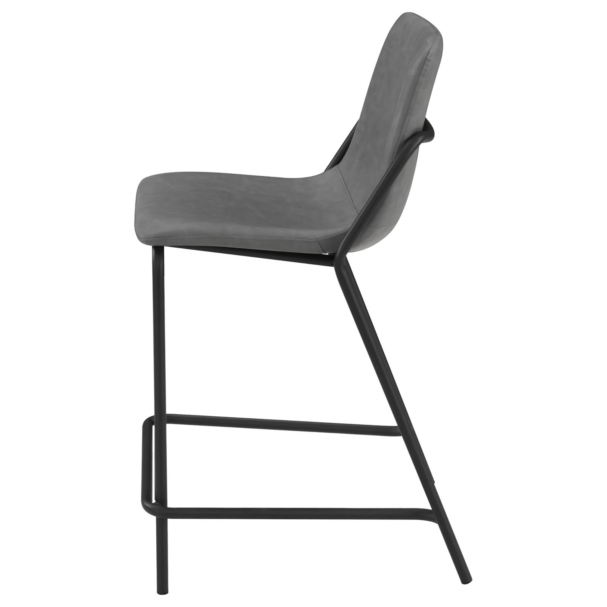 Gray faux leather bar stool with black metal legs and footrest