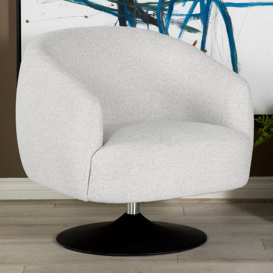Light gray upholstered accent chair with modern curved silhouette and black swivel base