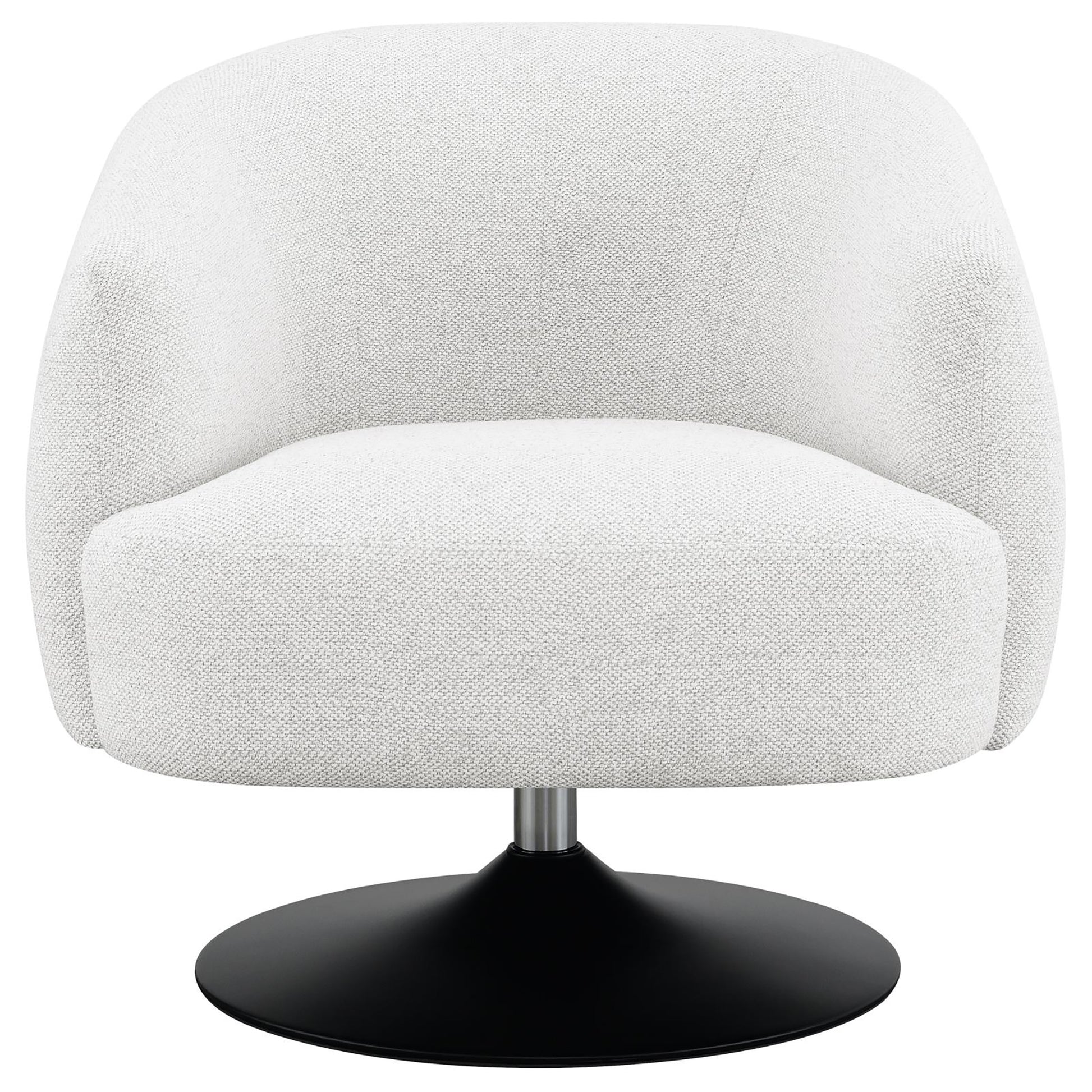 Cozy white boucle accent chair with a sleek black swivel base for modern living rooms
