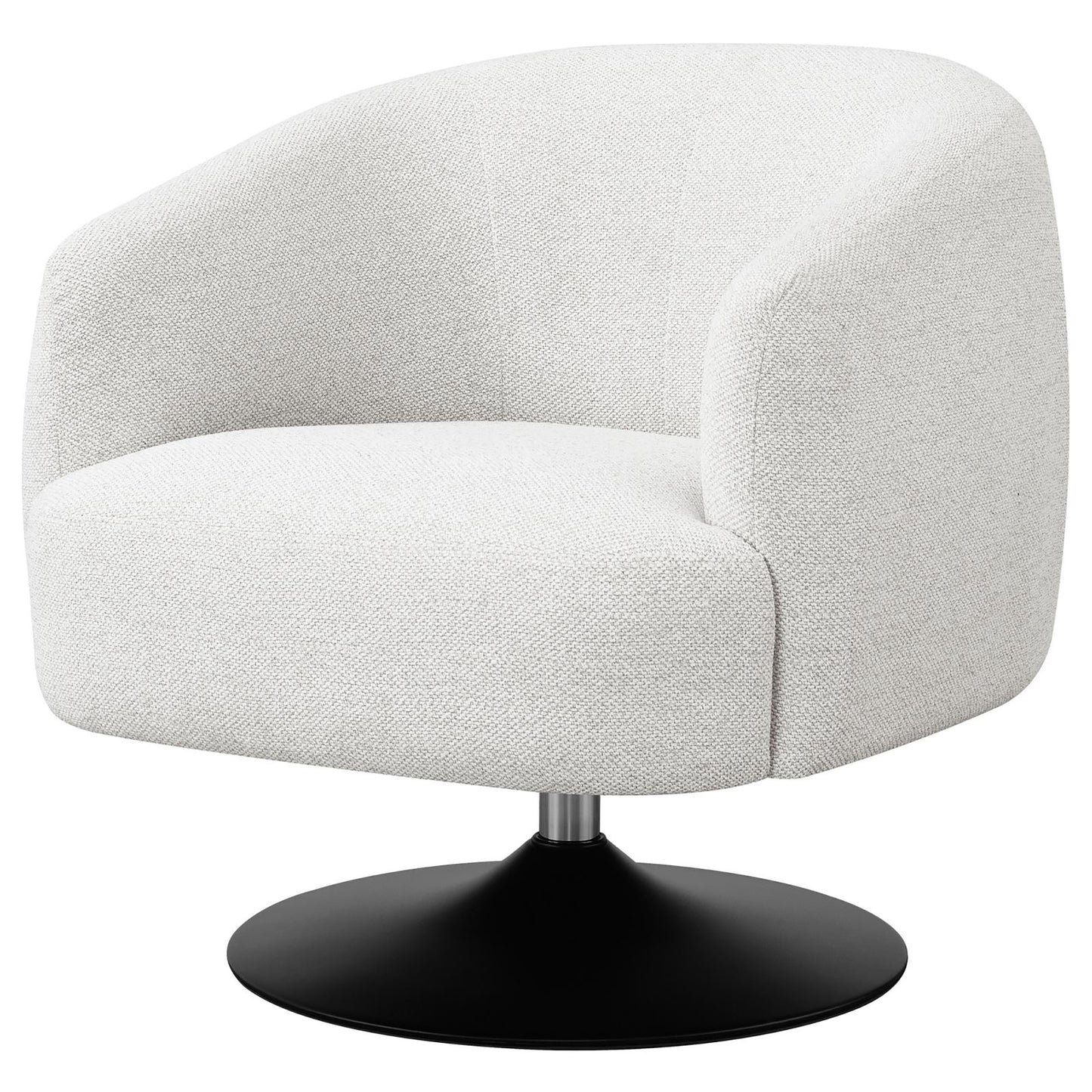 Textured offwhite fabric accent chair with curved back and black swivel base