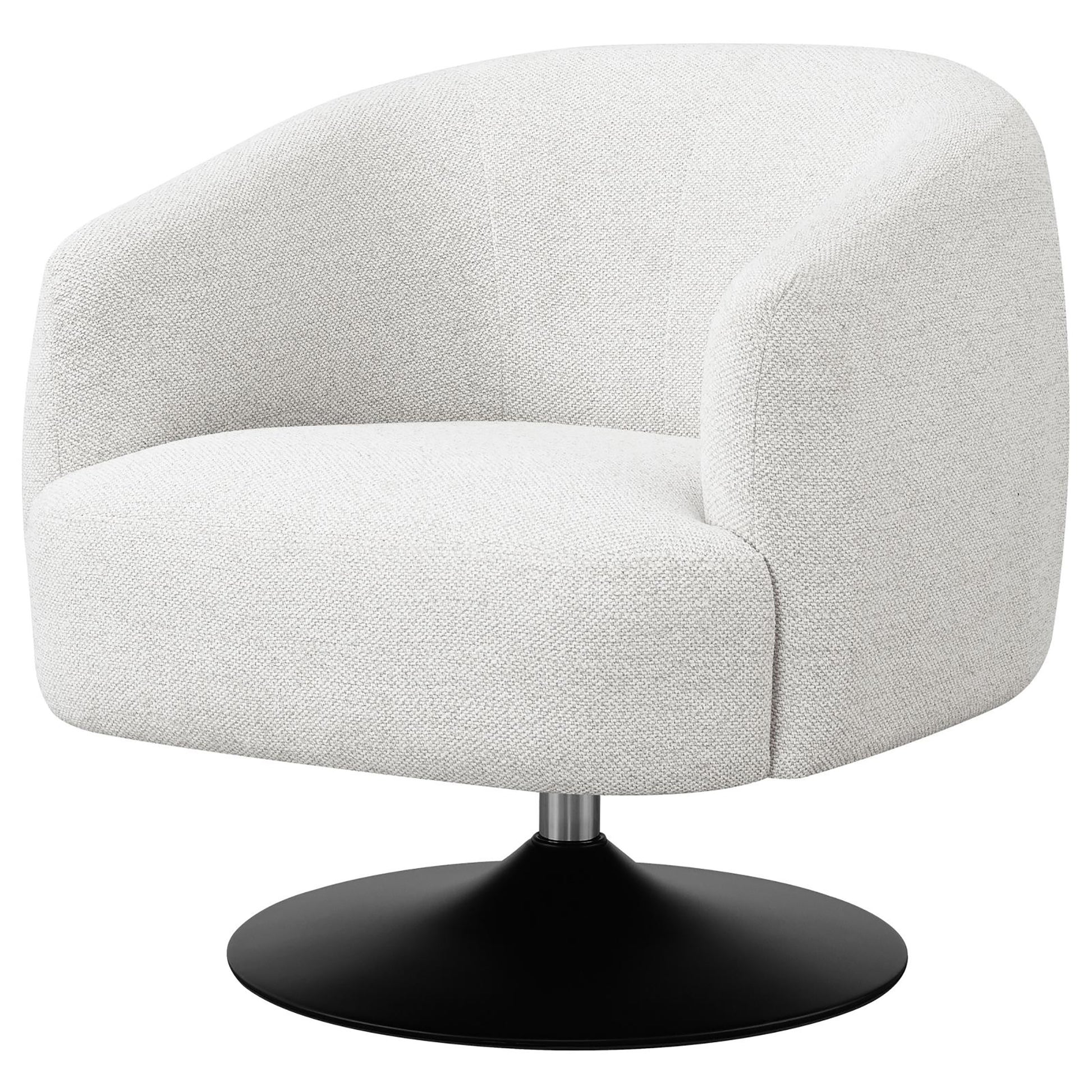 Textured offwhite fabric accent chair with curved back and black swivel base