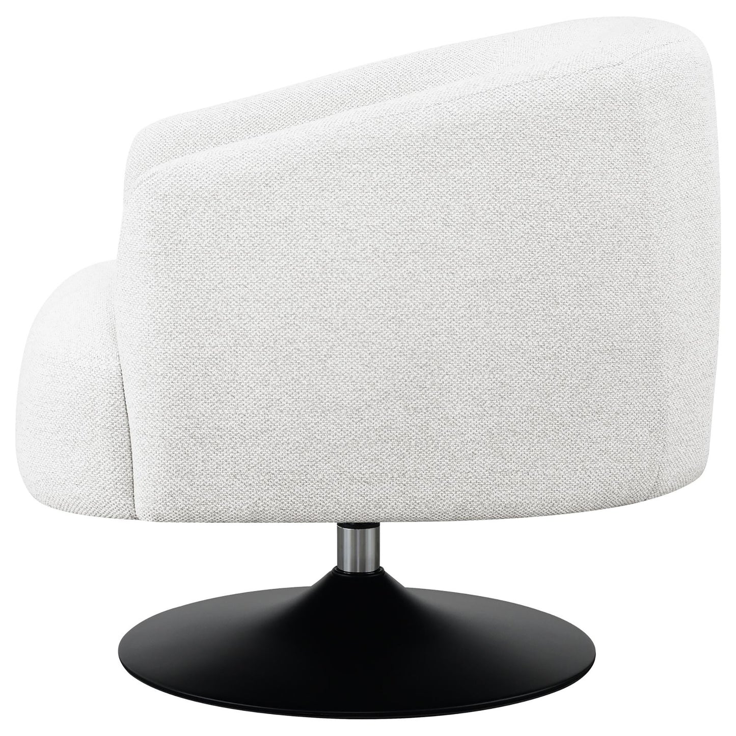 Modern swivel accent chair with white textured fabric and a black base