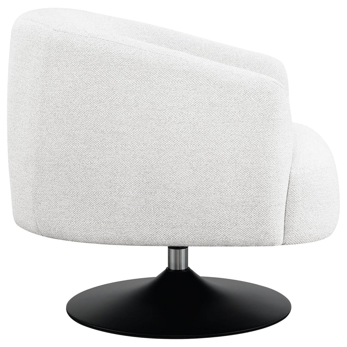 White textured fabric accent chair with a black swivel base