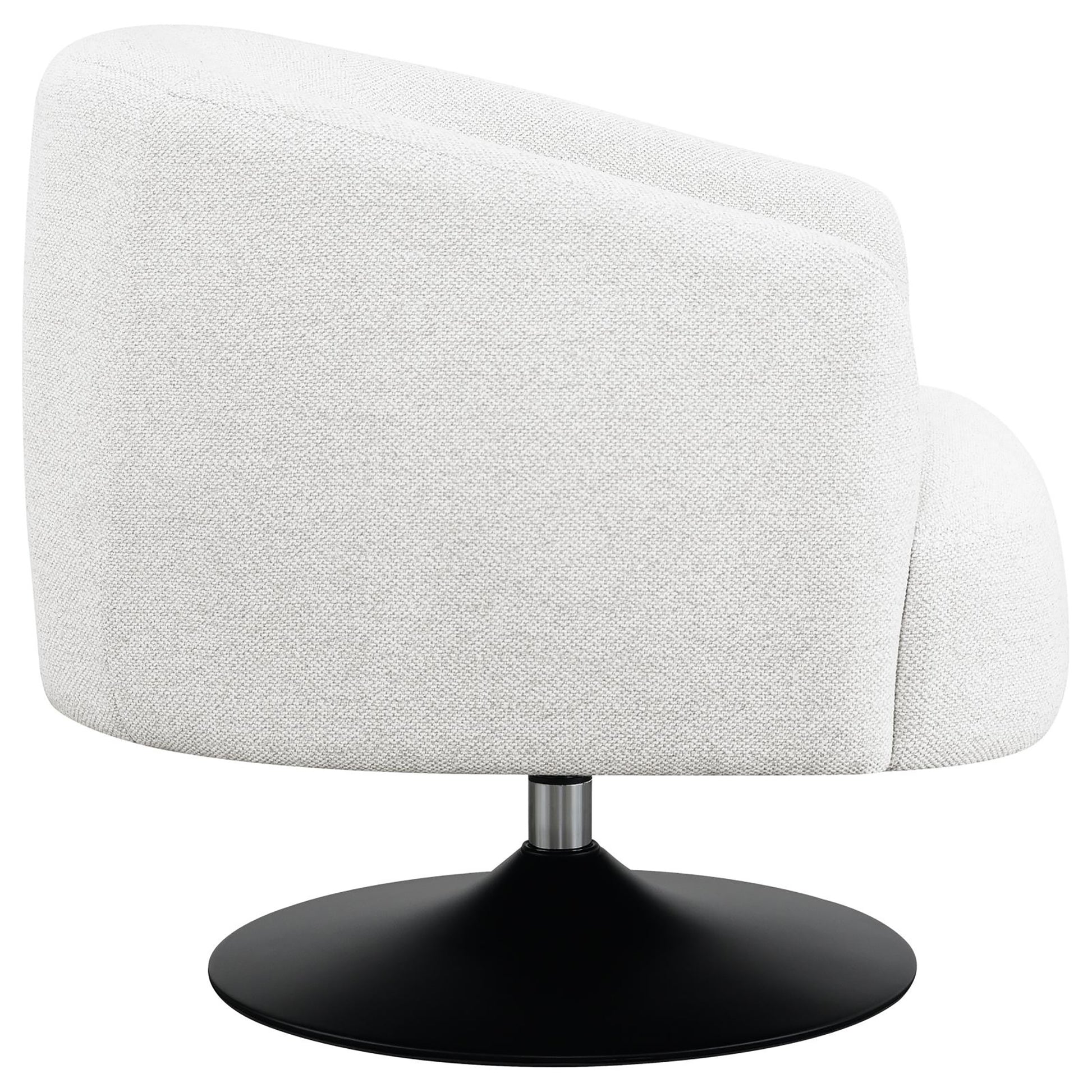 White textured fabric accent chair with a black swivel base