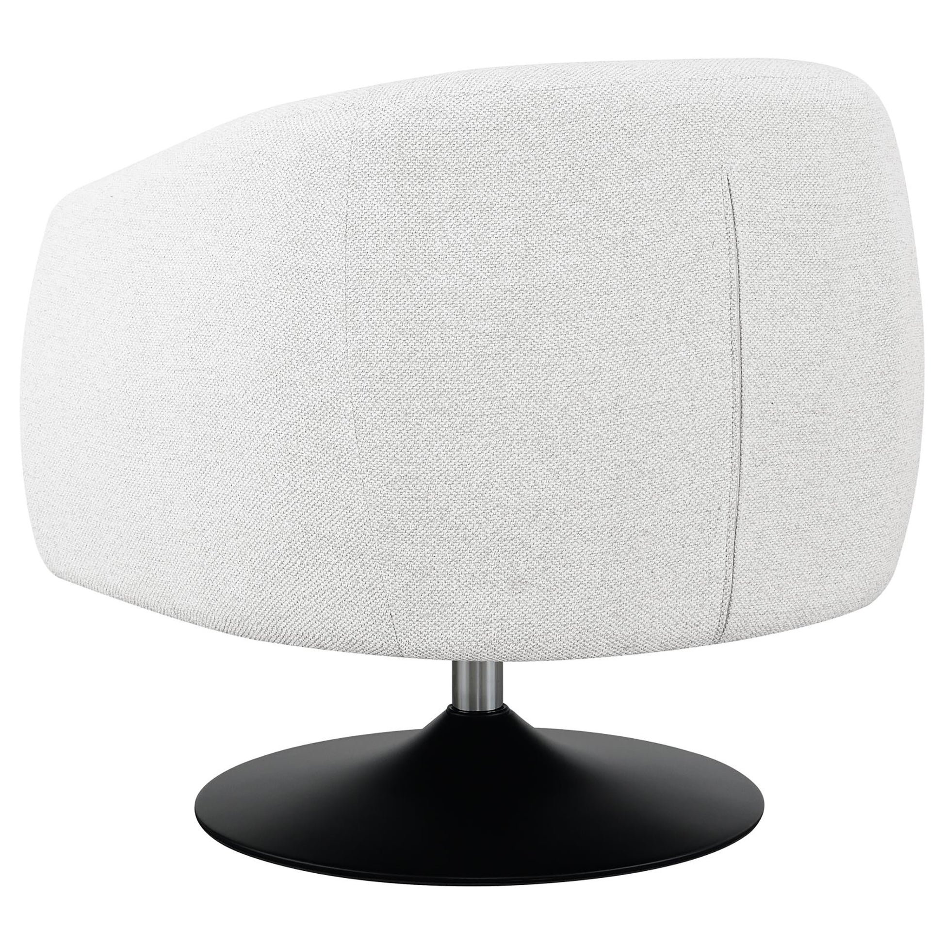 Modern swivel chair with textured white fabric and a matte black base