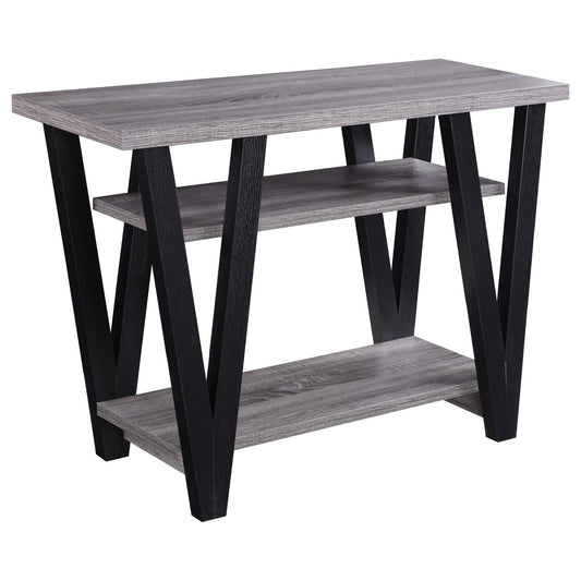 Modern gray wood console table with black Vshaped legs featuring two shelves for storage