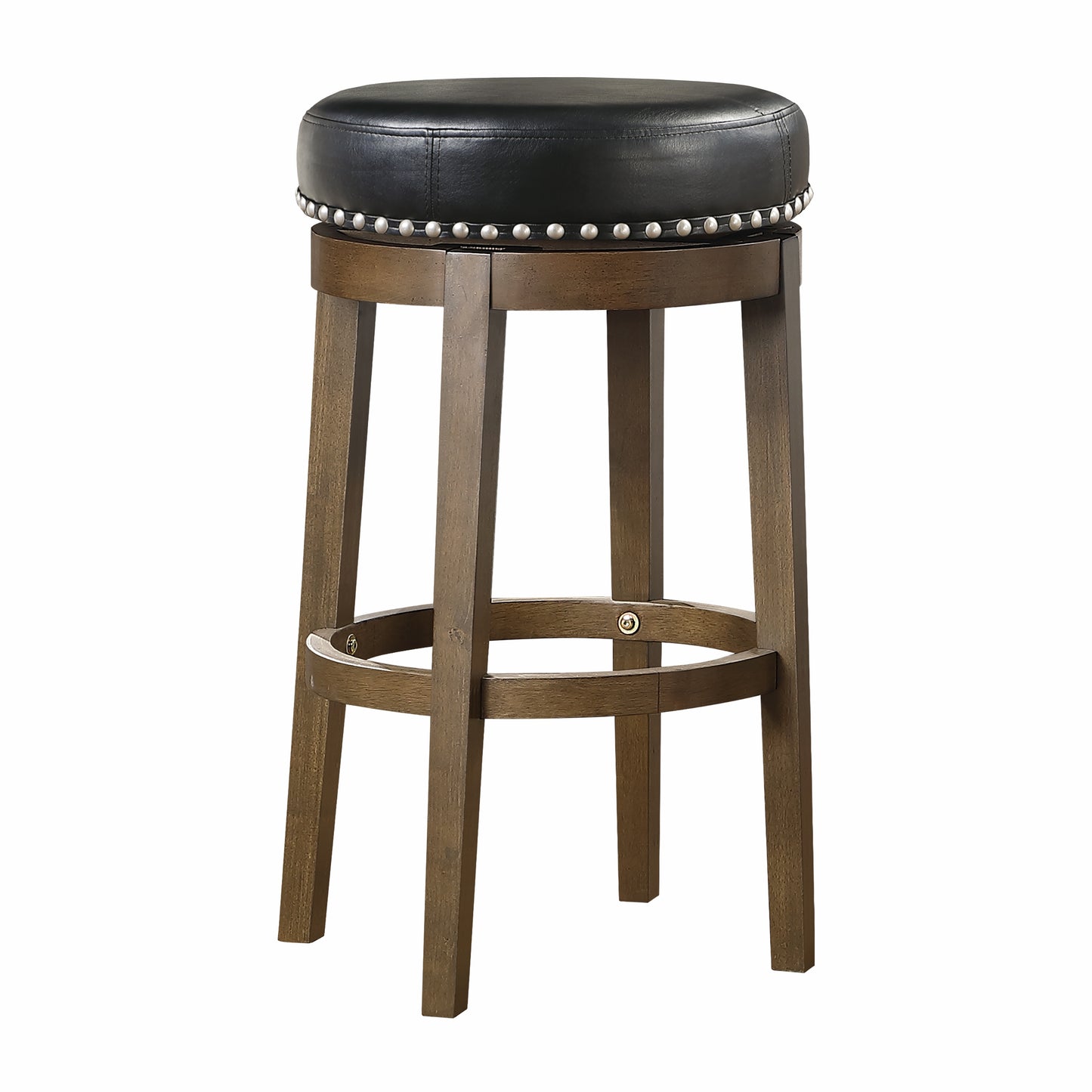 Round black faux leather bar stool with nailhead trim and wooden legs