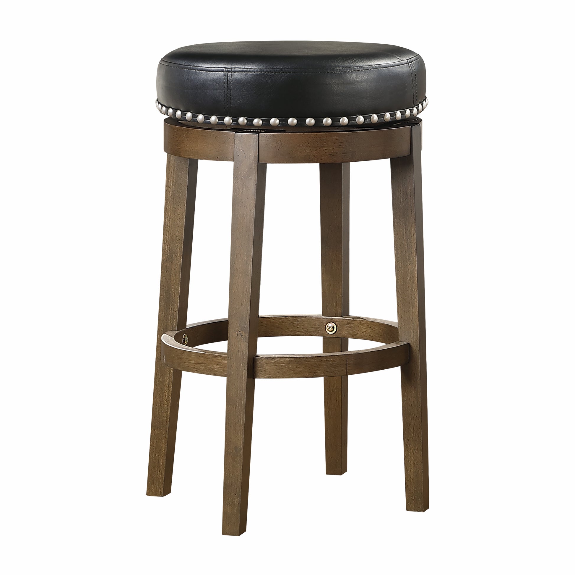 Round black faux leather bar stool with nailhead trim and wooden legs
