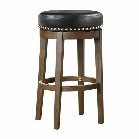 Round black faux leather bar stool with nailhead trim and wooden legs