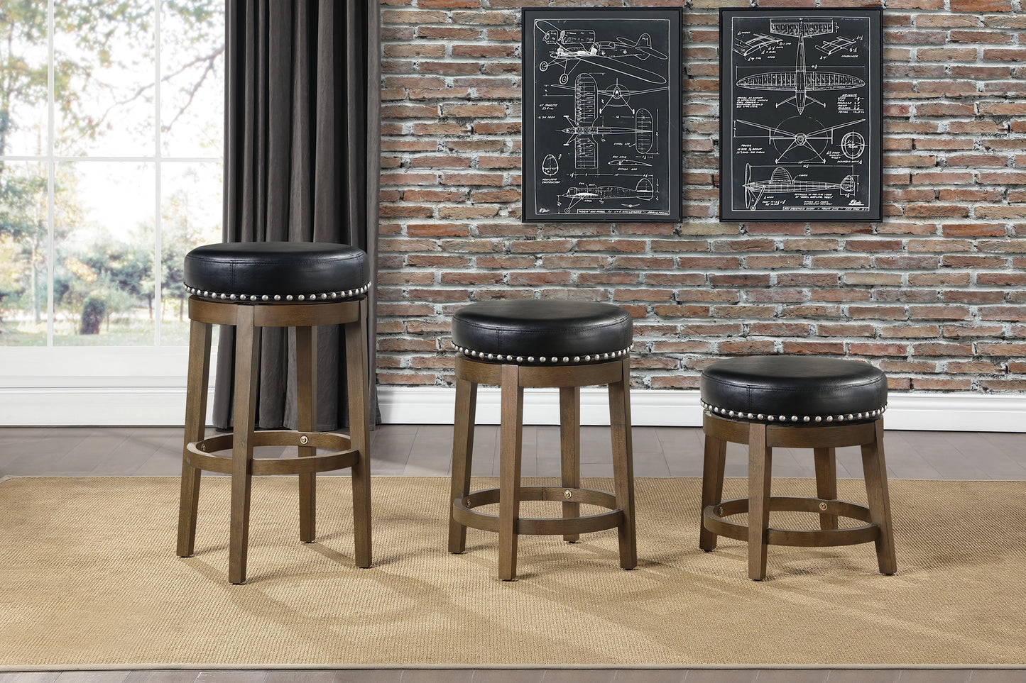 Three black faux leather swivel bar stools with nailhead trim and wooden legs