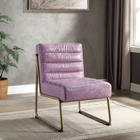 Plush lavender tufted accent chair with distressed leather upholstery and gold metal legs