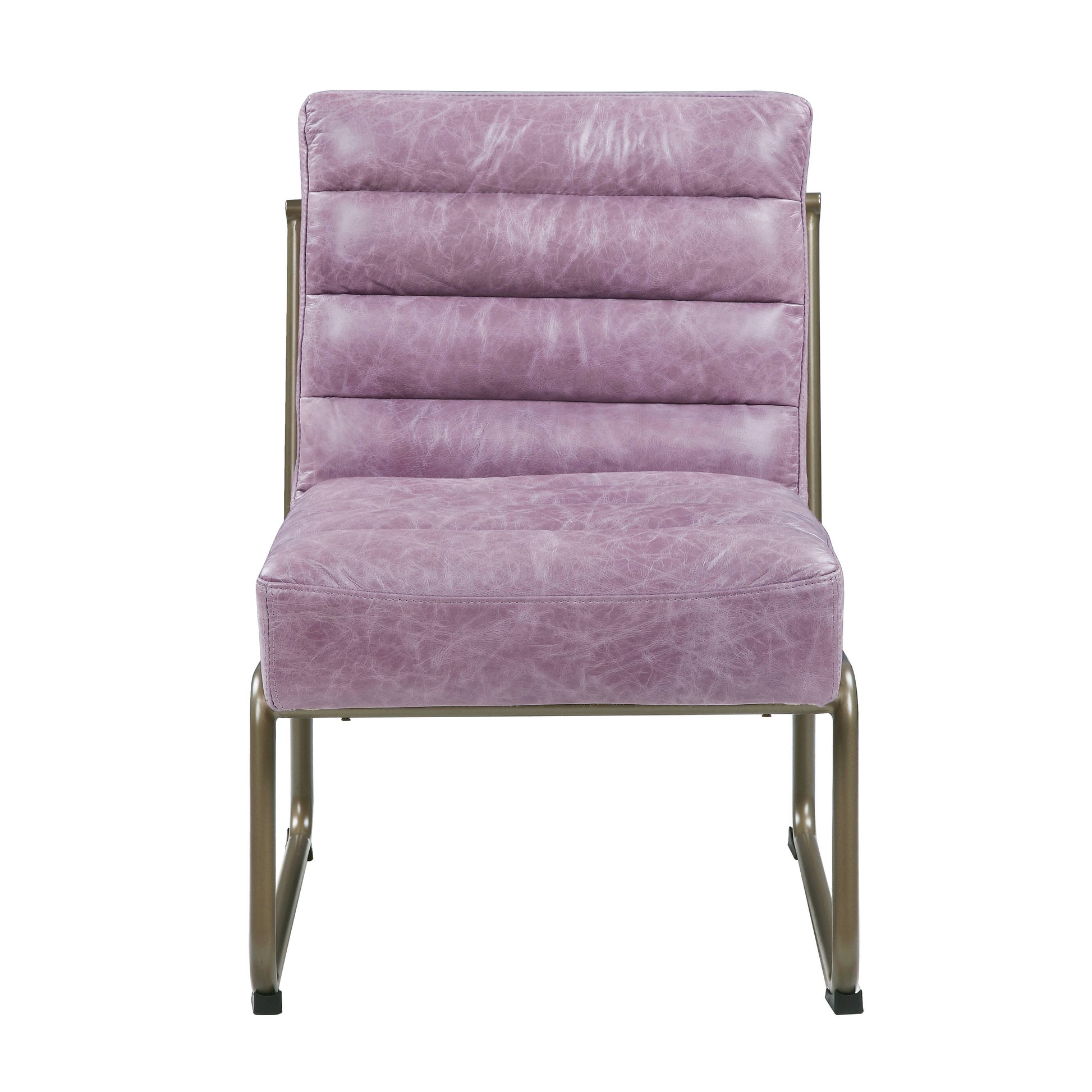 Modern accent chair in distressed lavender faux leather with horizontal tufting and a matte gold metal frame