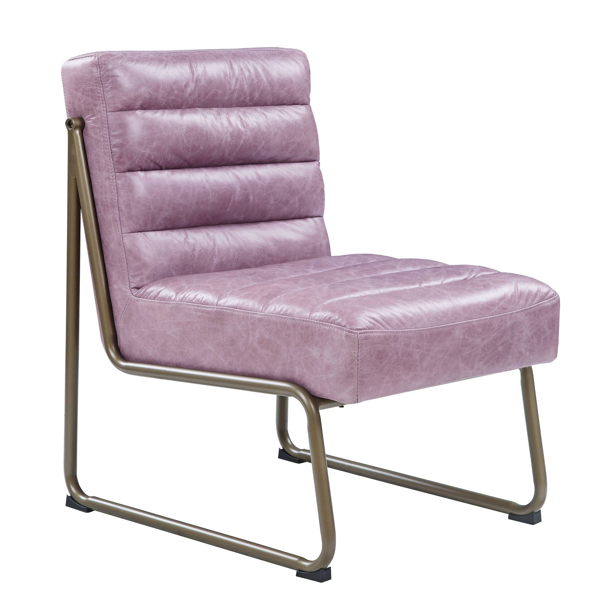 Modern purple leather accent chair with channel tufting and metal legs