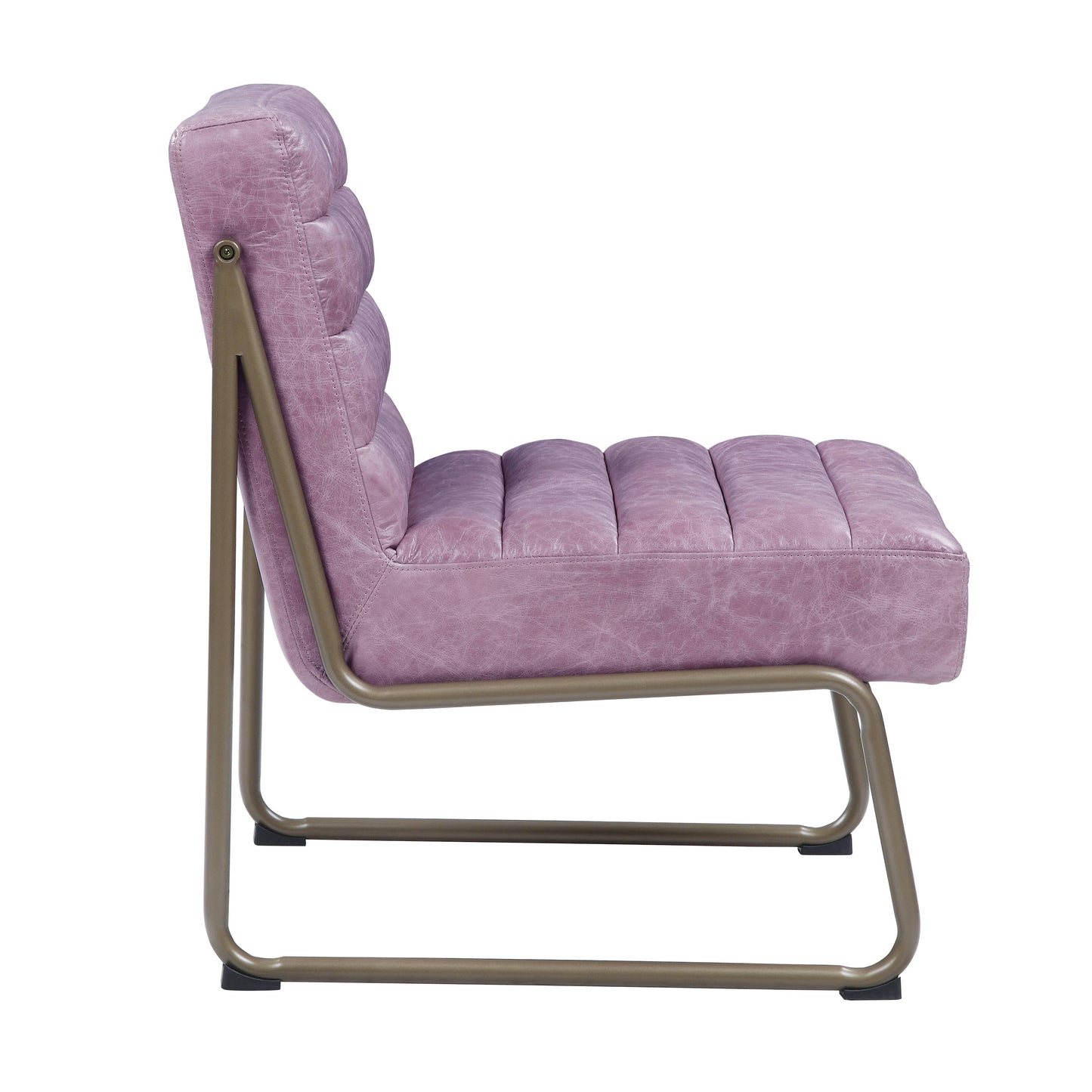 Tufted lavender accent chair with brushed metal frame and rounded arms